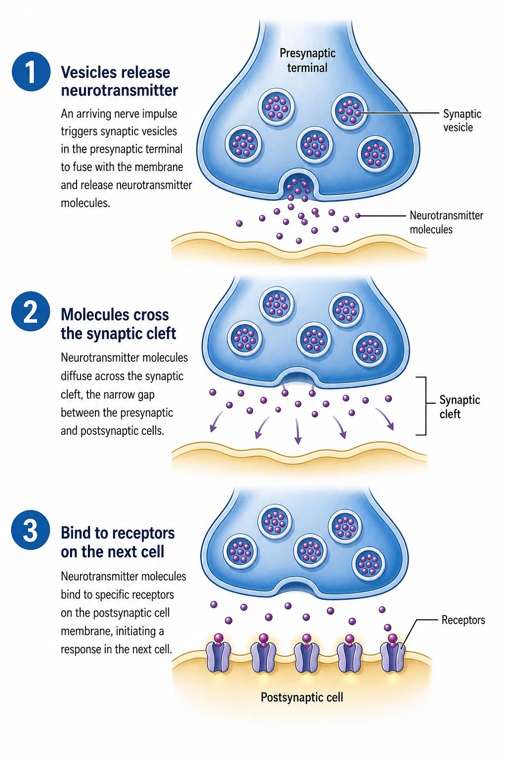 Step diagram of synaptic transmission: vesicles release neurotransmitter across the cleft to receptors