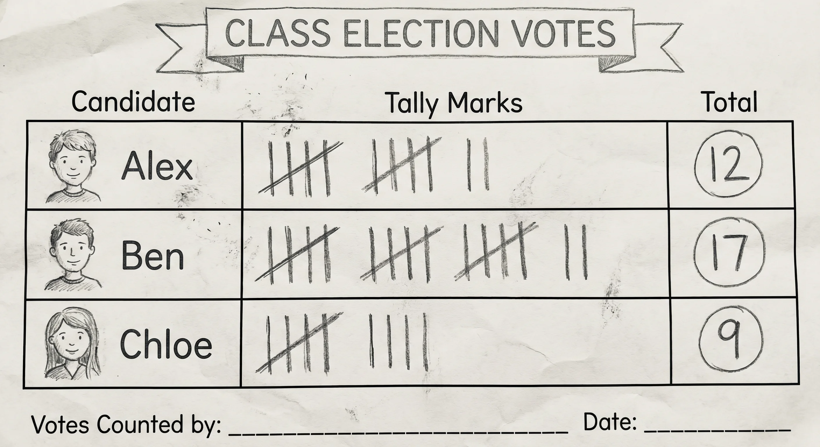 Hand-drawn style tally chart worksheet counting votes for three class election candidates