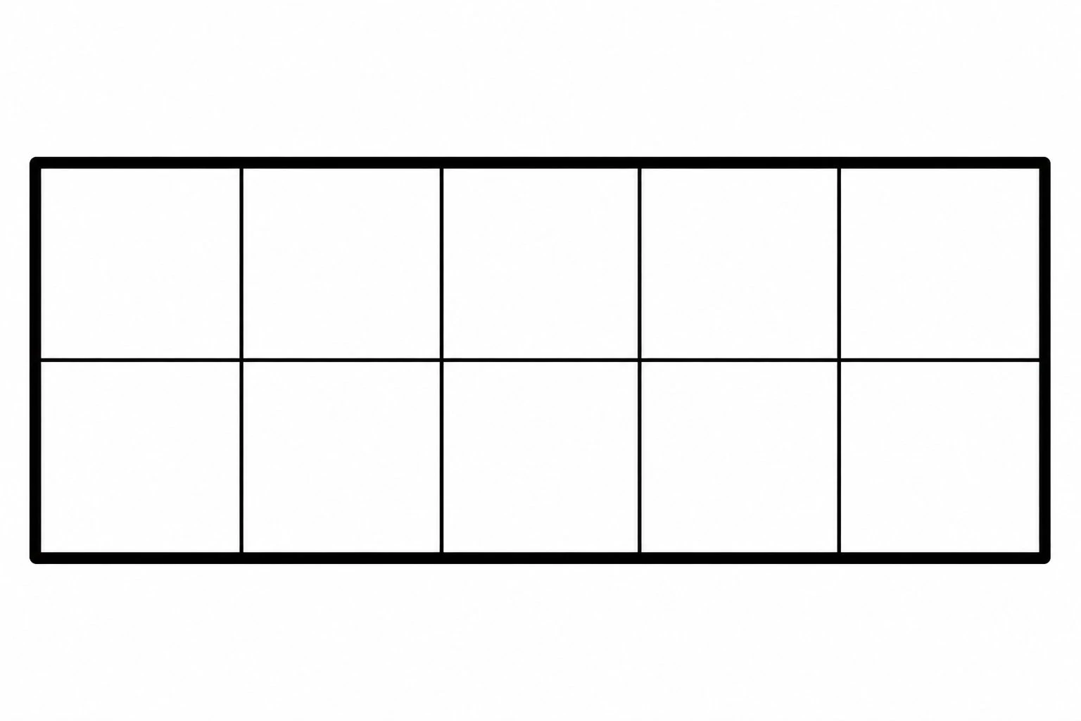 Blank ten frame, an empty 2 by 5 grid for practice