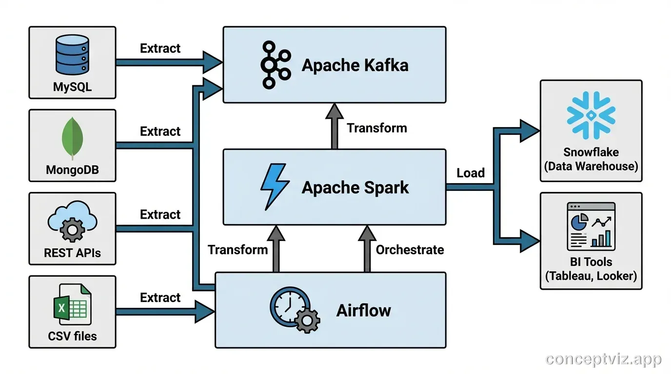 ETL data pipeline diagram showing data sources, transformations, and data warehouse.