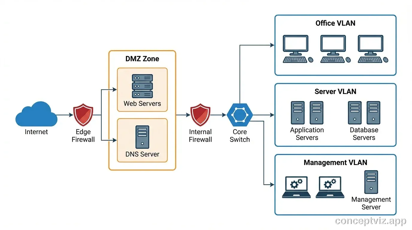 Enterprise network topology showing firewalls, switches, servers, and network segments.