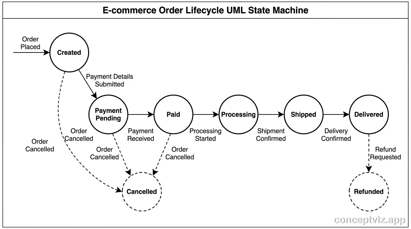 Order status state machine showing transitions between order states.