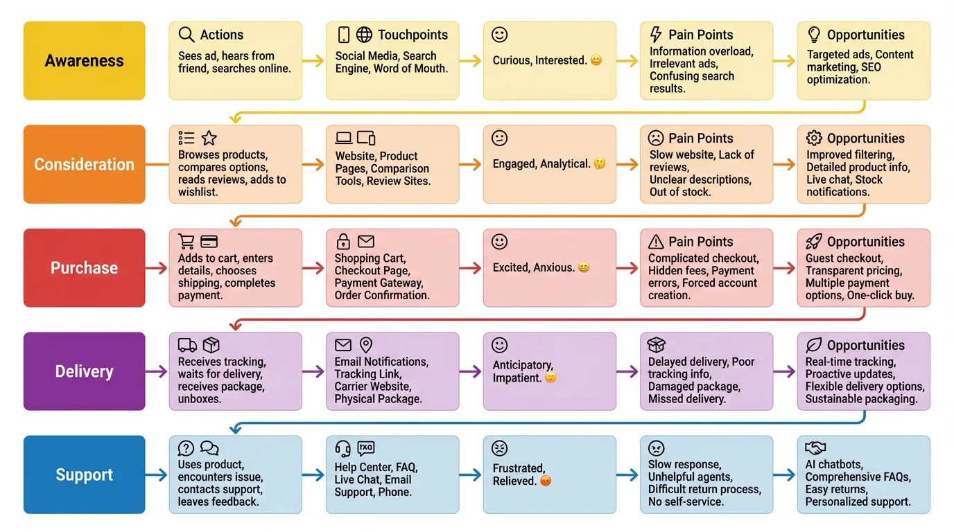 Customer journey map showing touchpoints, emotions, and pain points across stages.