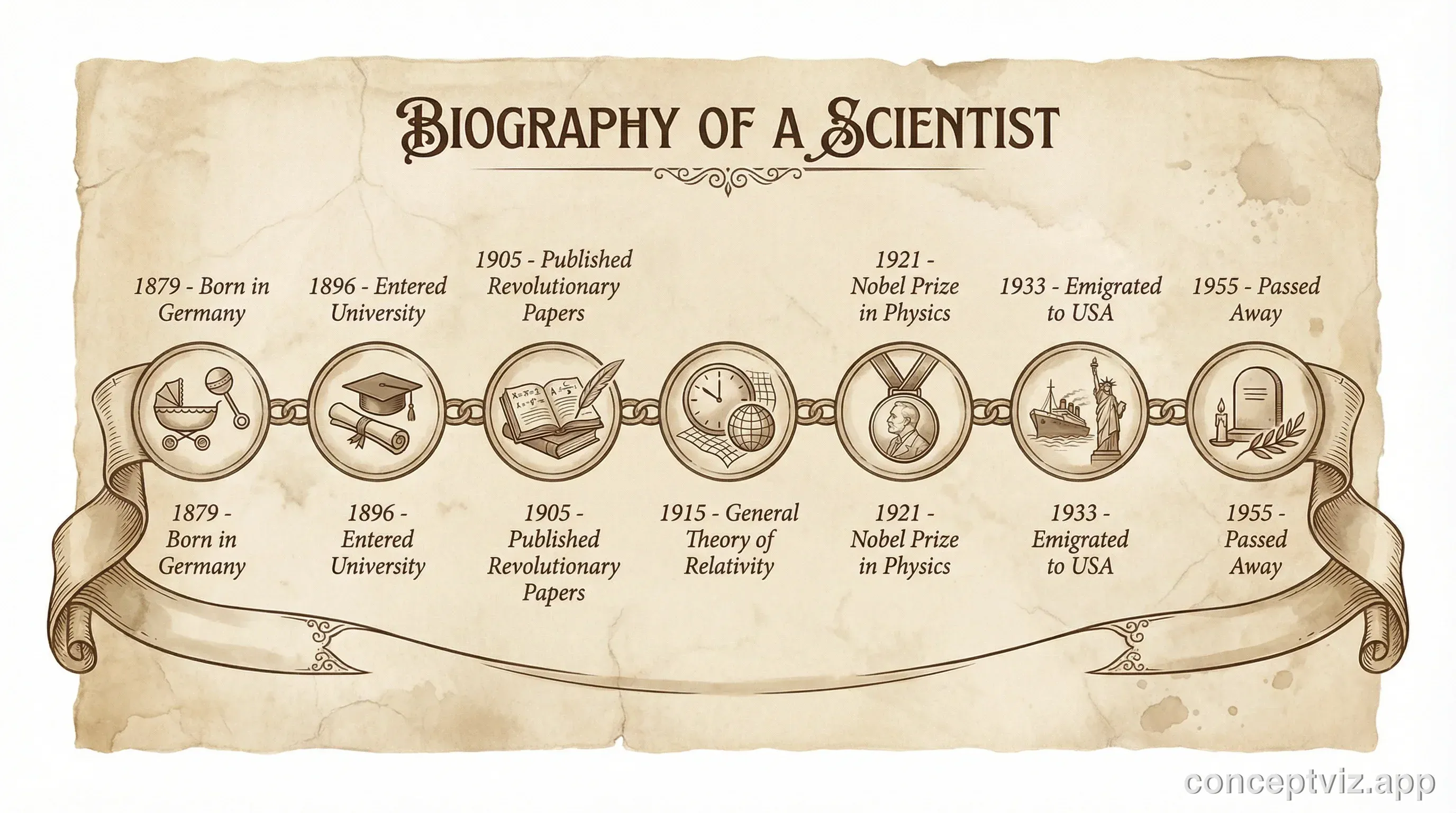 Biographical timeline showing life events and achievements of a notable person.