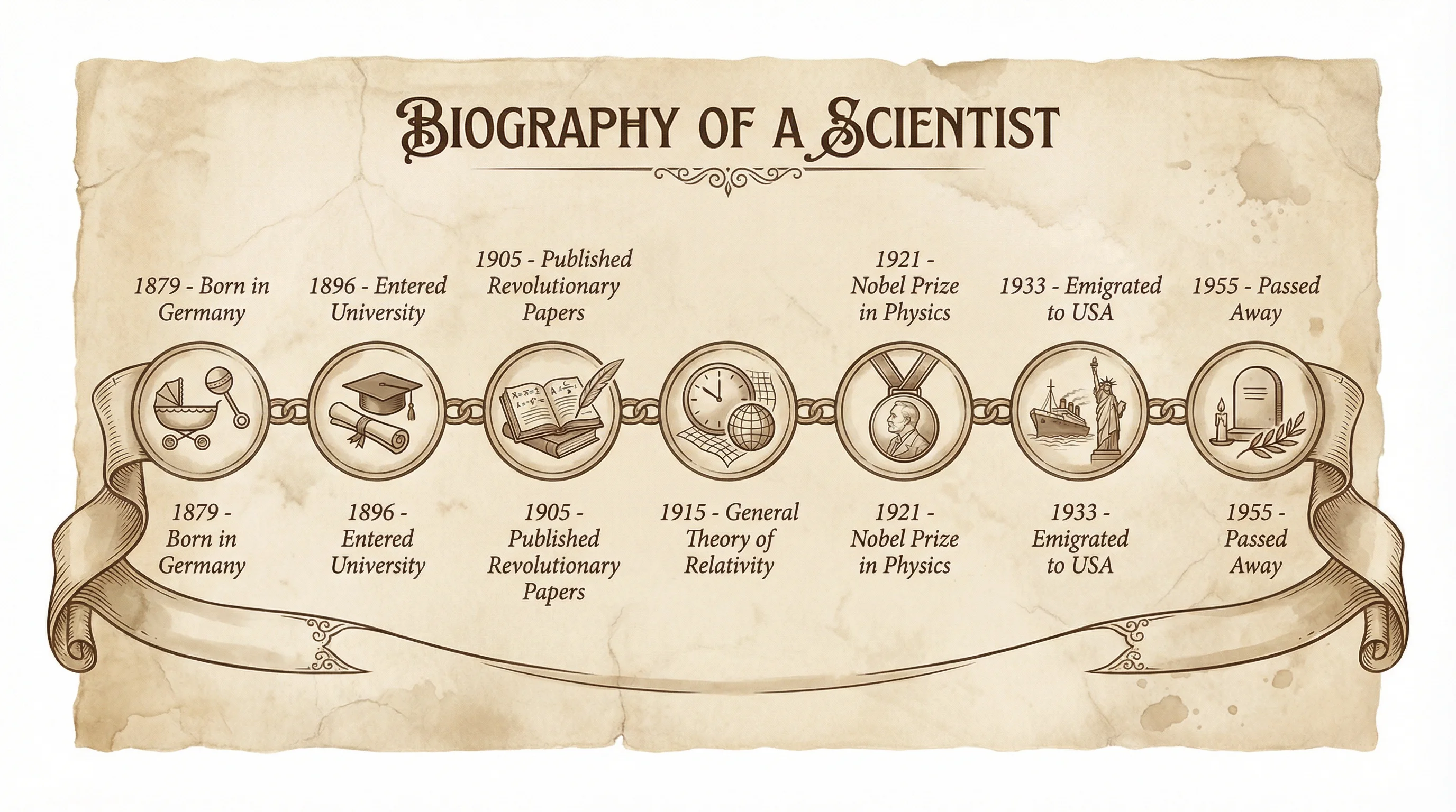Biographical timeline showing life events and achievements of a notable person.