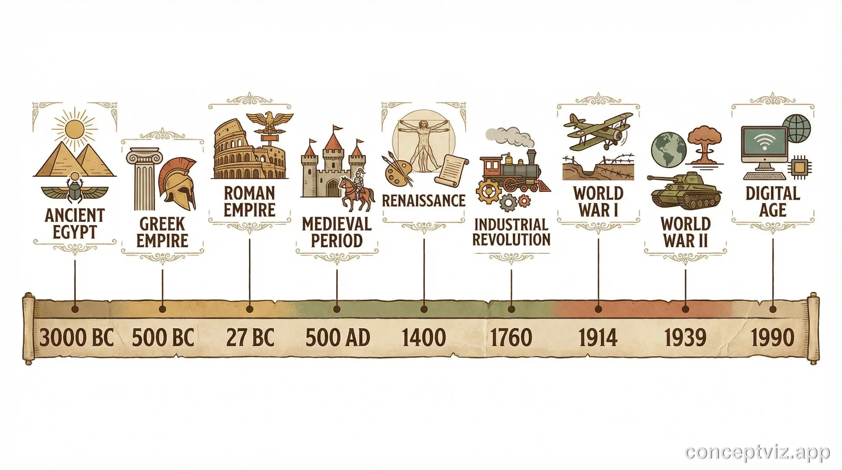 World history timeline showing major events from ancient civilizations to modern era.