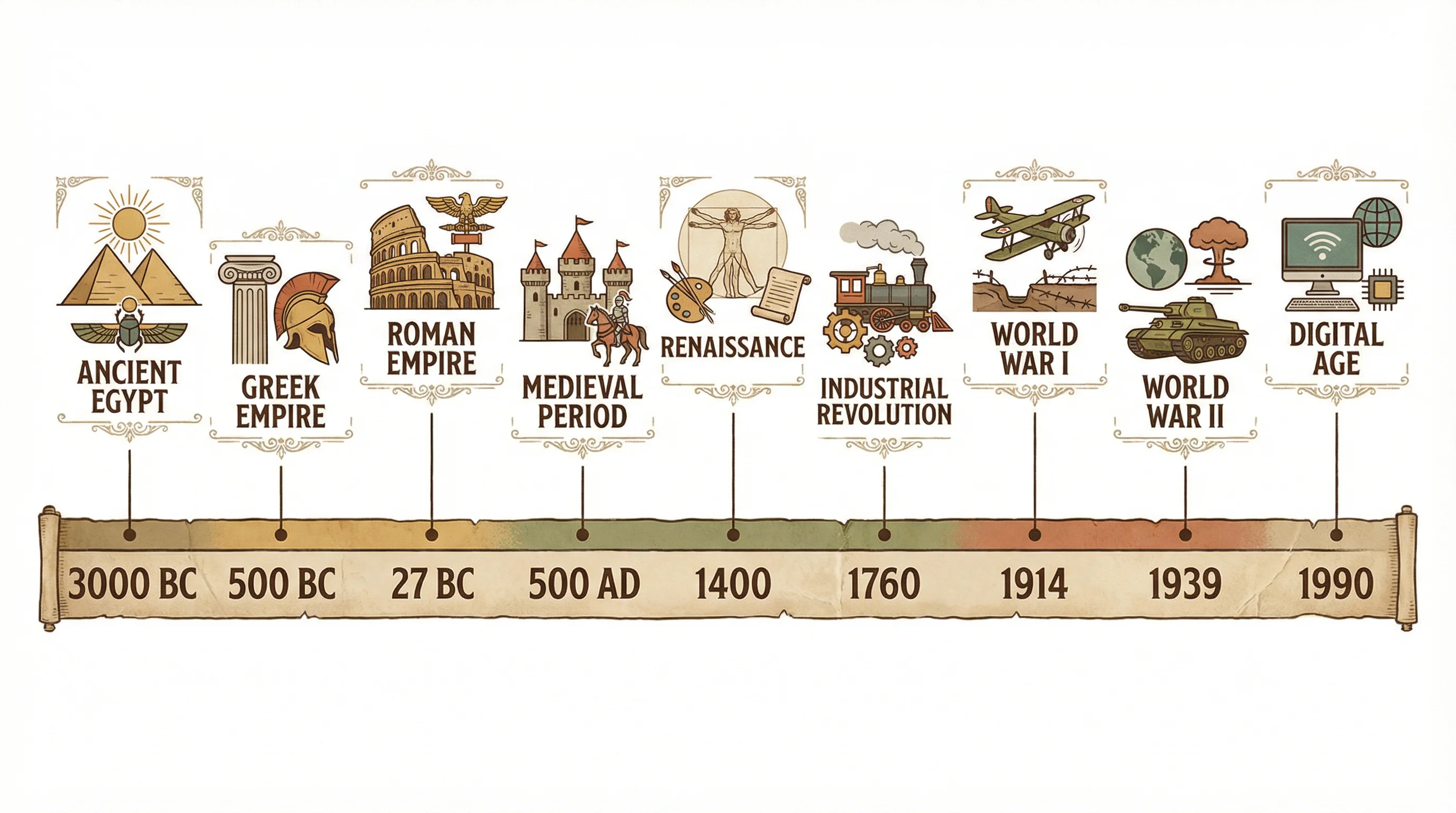 World history timeline showing major events from ancient civilizations to modern era.