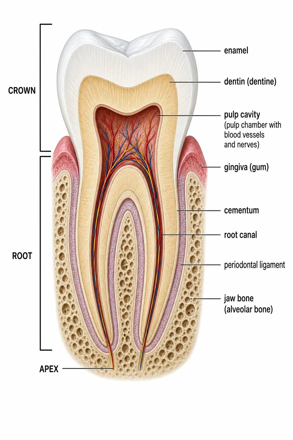 Labeled permanent tooth cross-section showing enamel, dentin, pulp cavity, cementum, root canal, periodontal ligament, gingiva, and alveolar bone