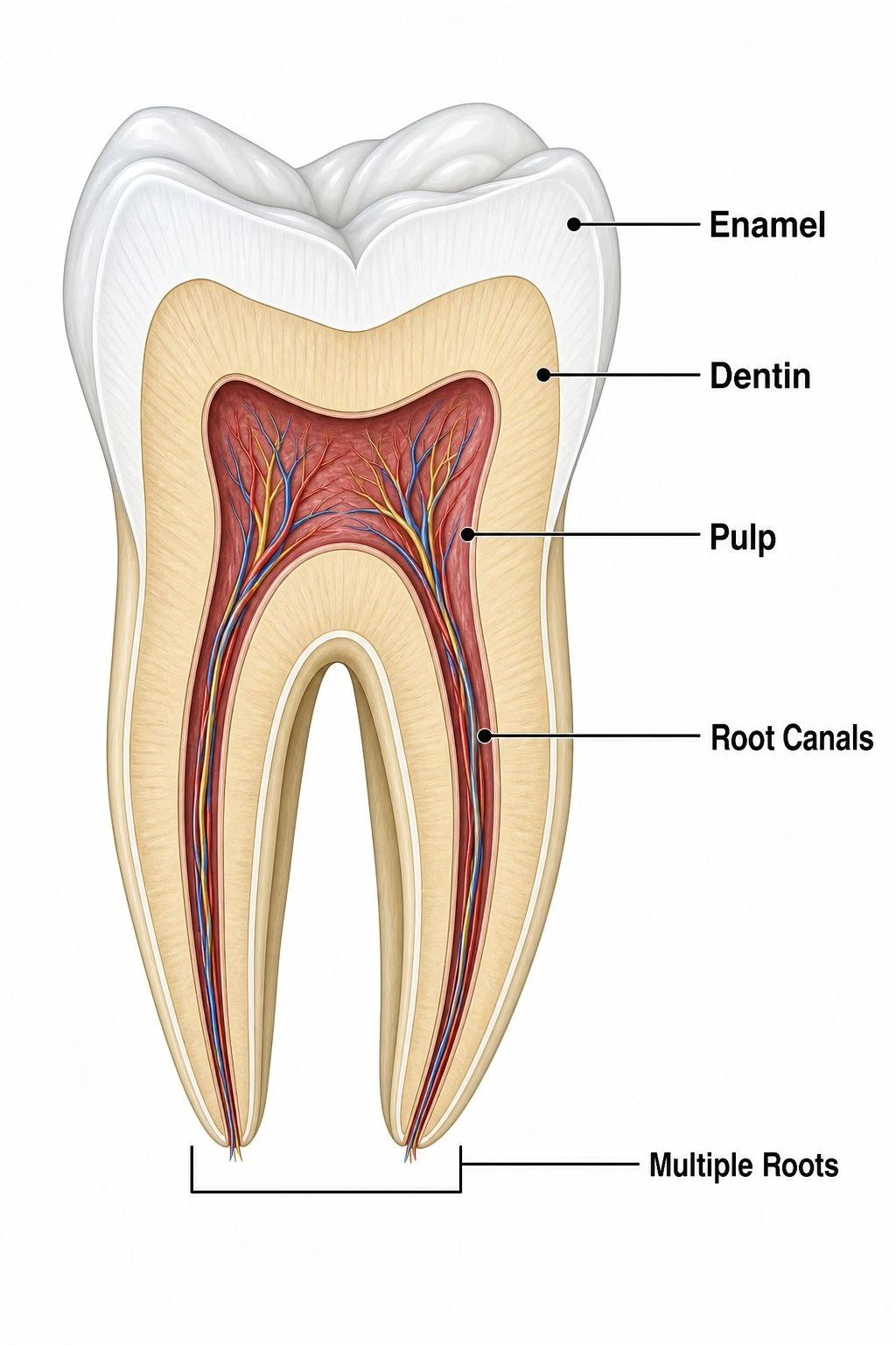 Labeled molar tooth cross-section showing enamel, dentin, pulp, and multiple root canals