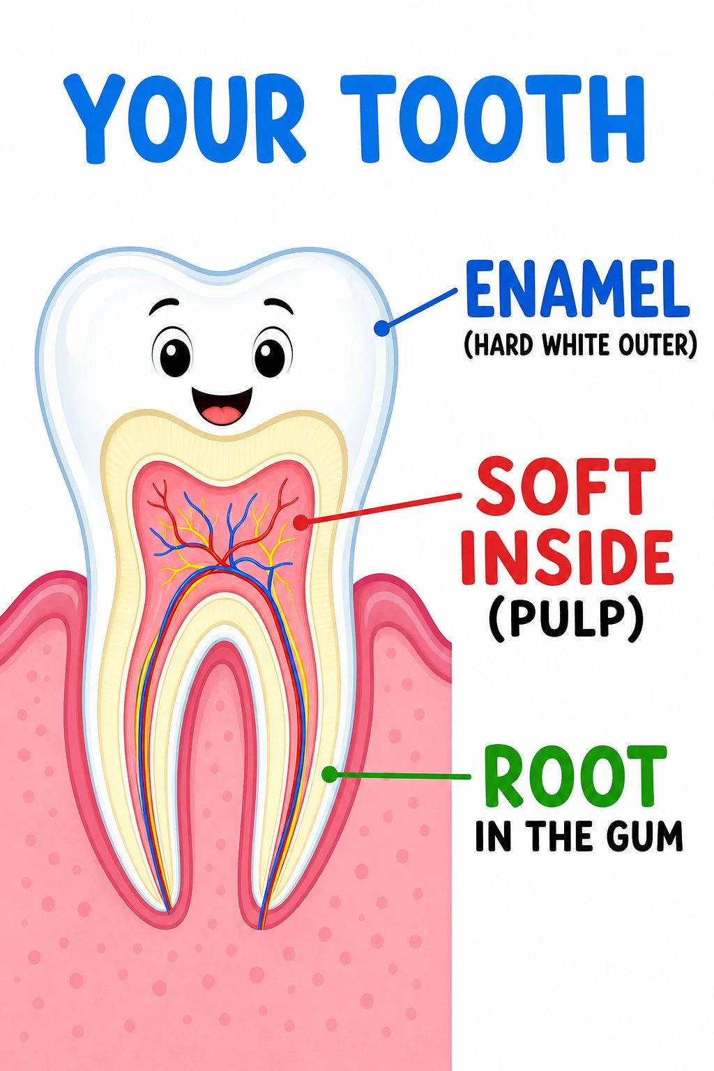 Simple cartoon tooth diagram for elementary students with large labels for enamel, soft inside, and root