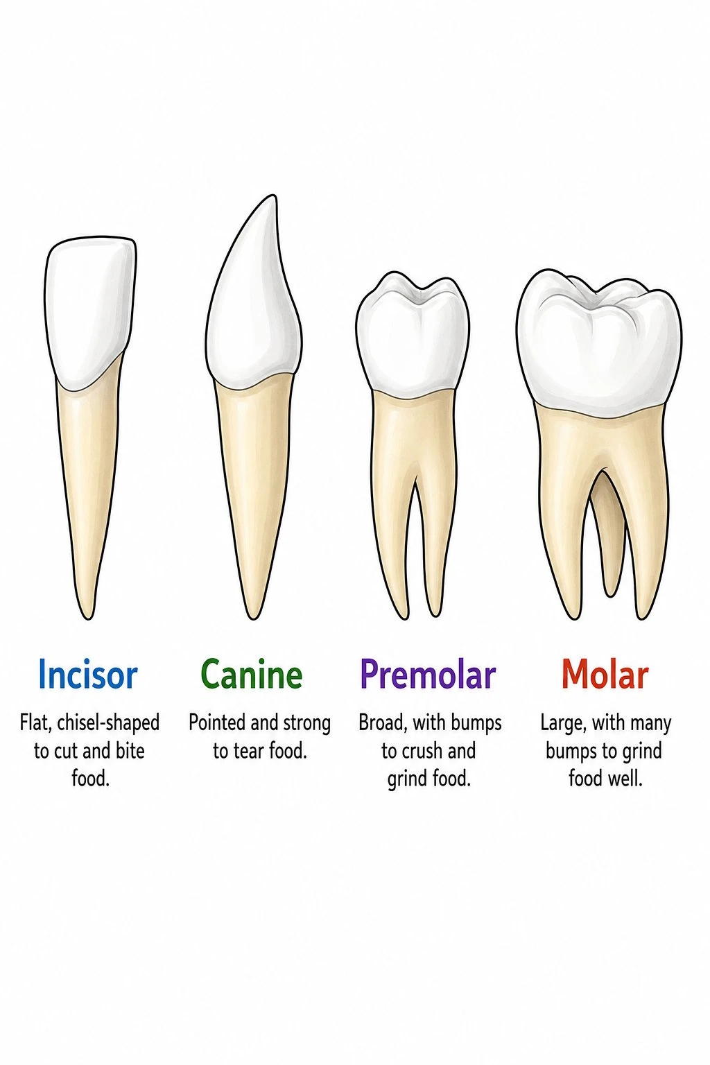 Educational diagram comparing incisor, canine, premolar, and molar tooth types with short labels