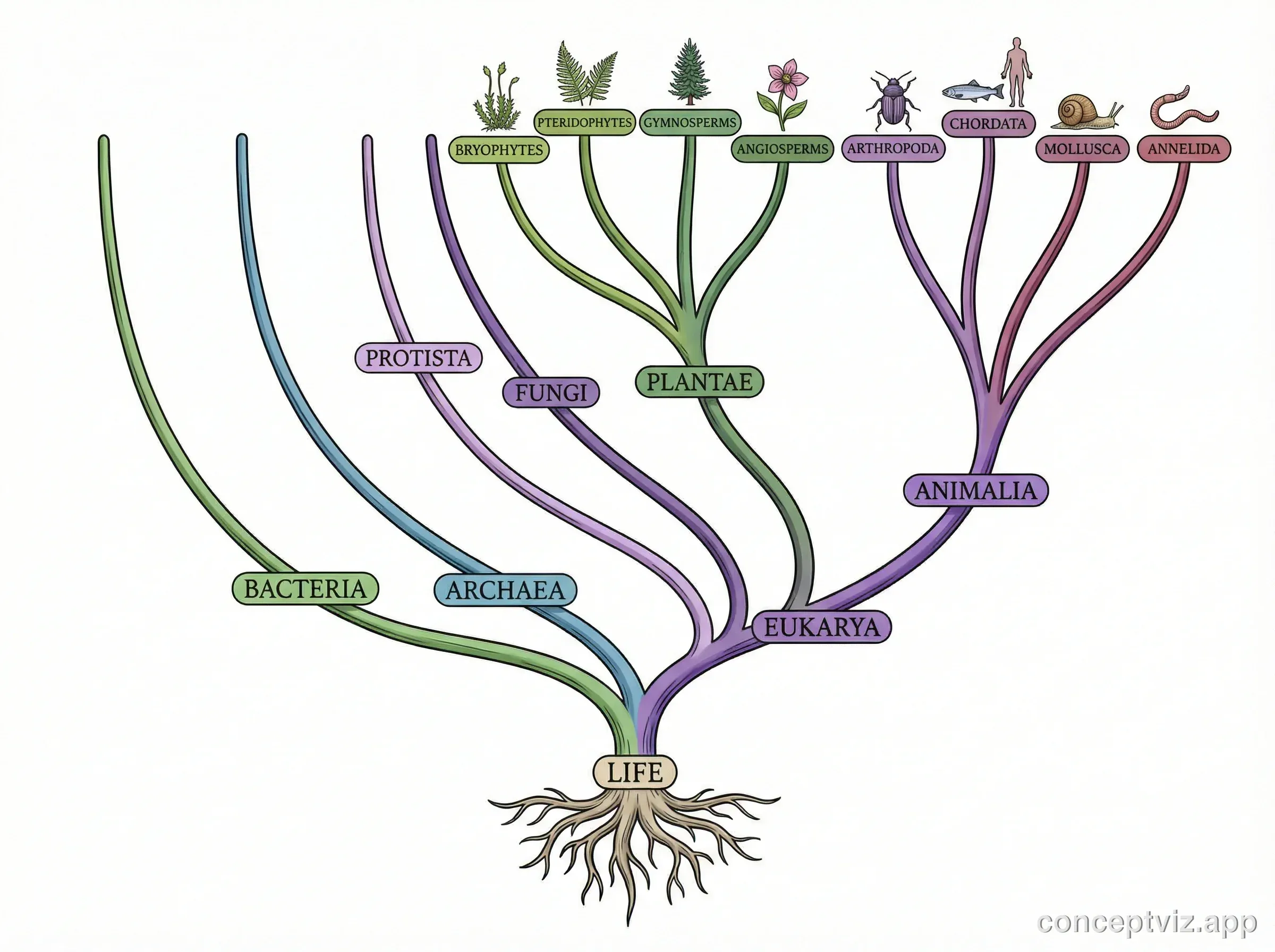 Tree diagram showing the classification of living organisms into domains, kingdoms, and major phyla.