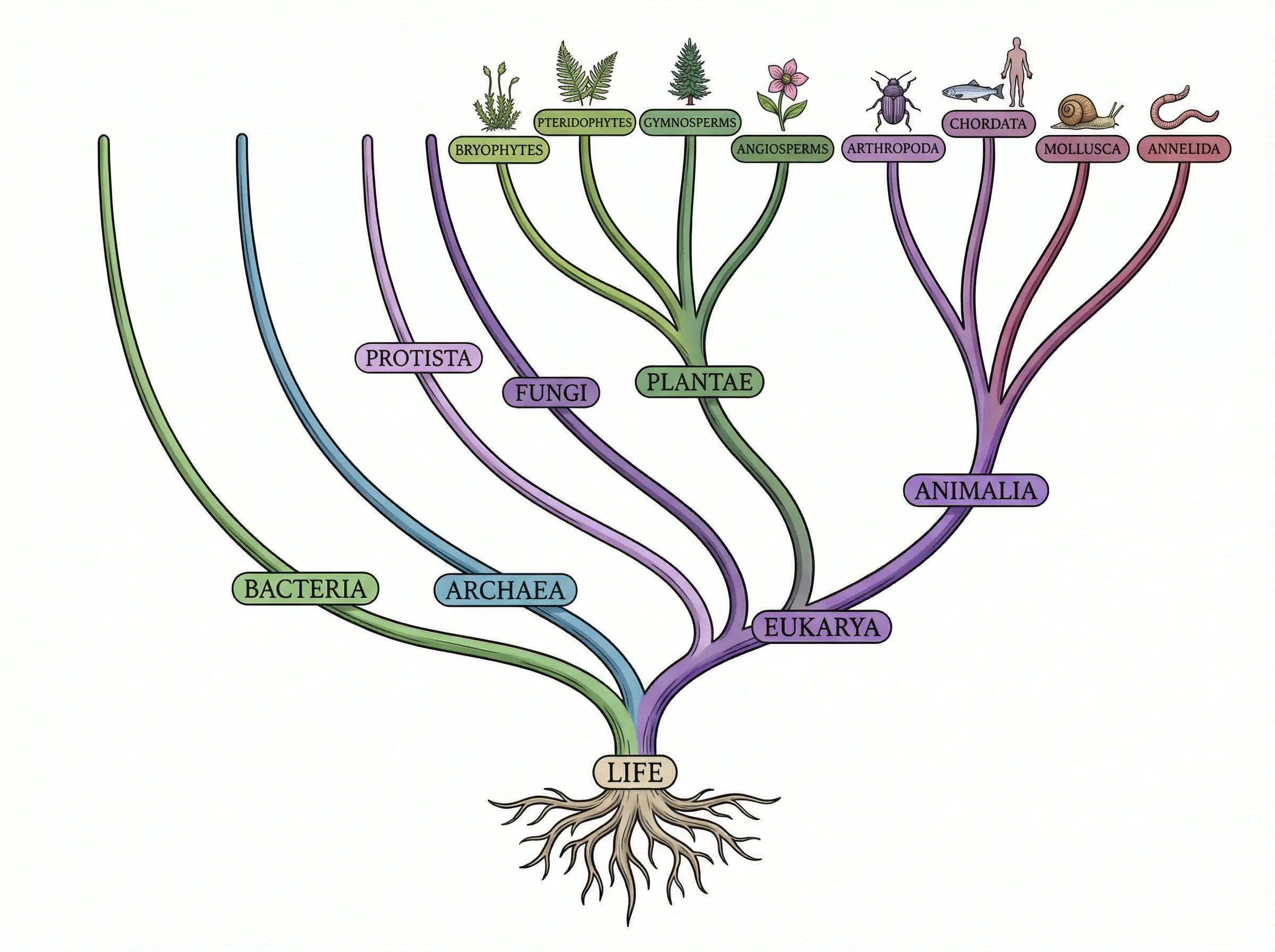 Tree diagram showing the classification of living organisms into domains, kingdoms, and major phyla.