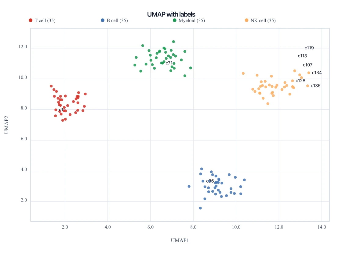 UMAP embedding with a few cell barcodes labeled at the cluster edges