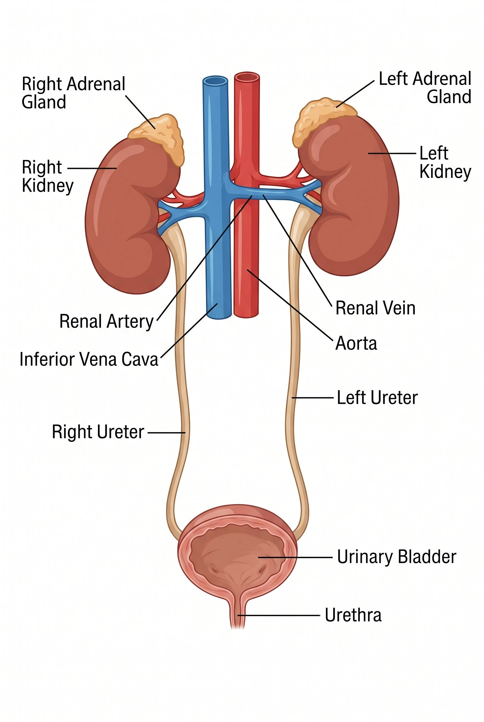 Labeled full urinary system diagram showing both kidneys, renal arteries, renal veins, ureters, urinary bladder, and urethra in anterior view