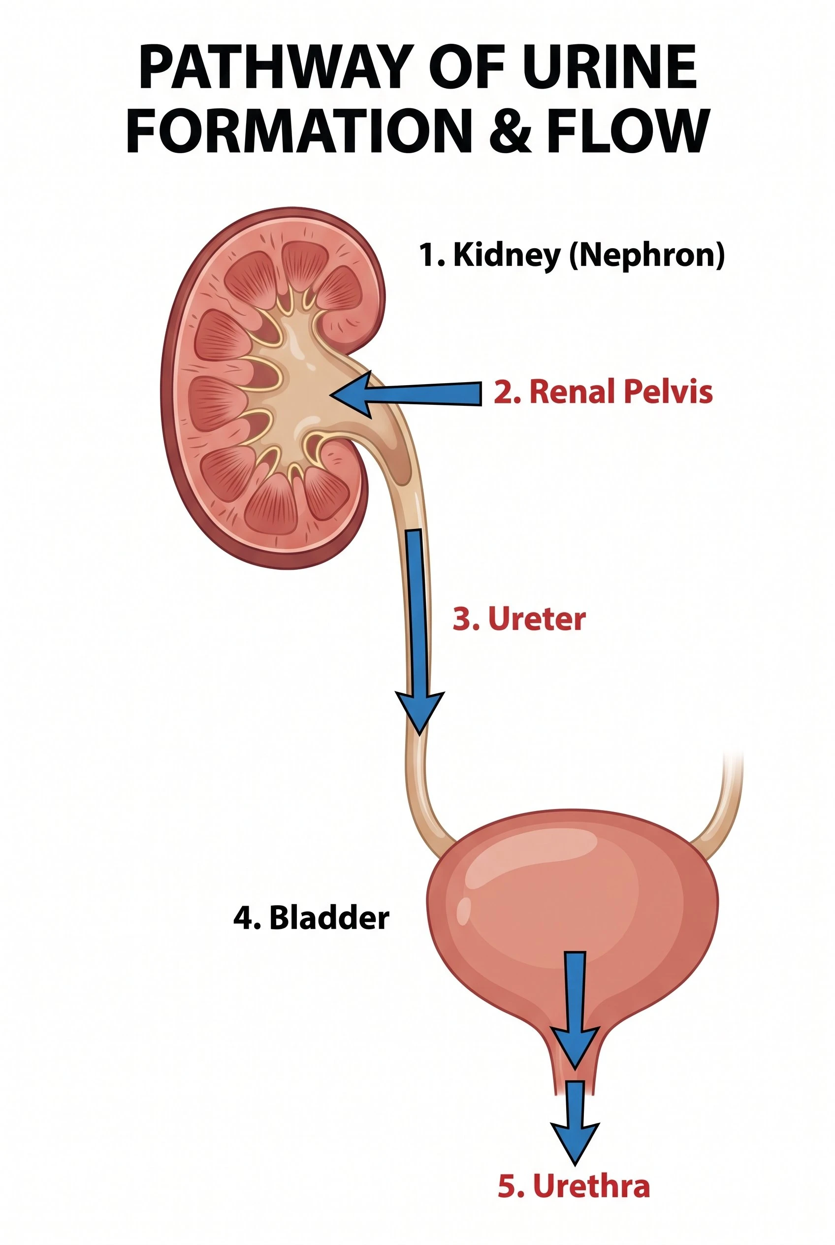Diagram showing the pathway of urine formation and flow from the kidney through the renal pelvis, ureter, bladder, and urethra with numbered arrows