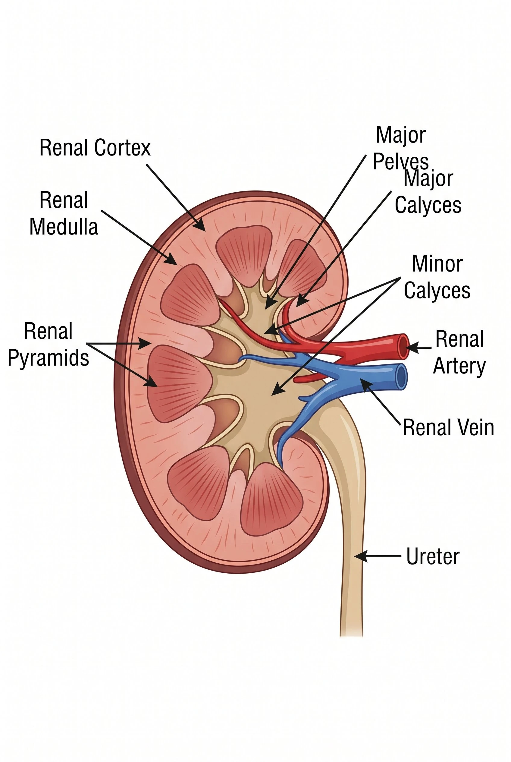 Cross-section diagram of the kidney showing the renal cortex, medulla, pyramids, pelvis, calyces, renal artery, renal vein, and ureter with the nephron location indicated