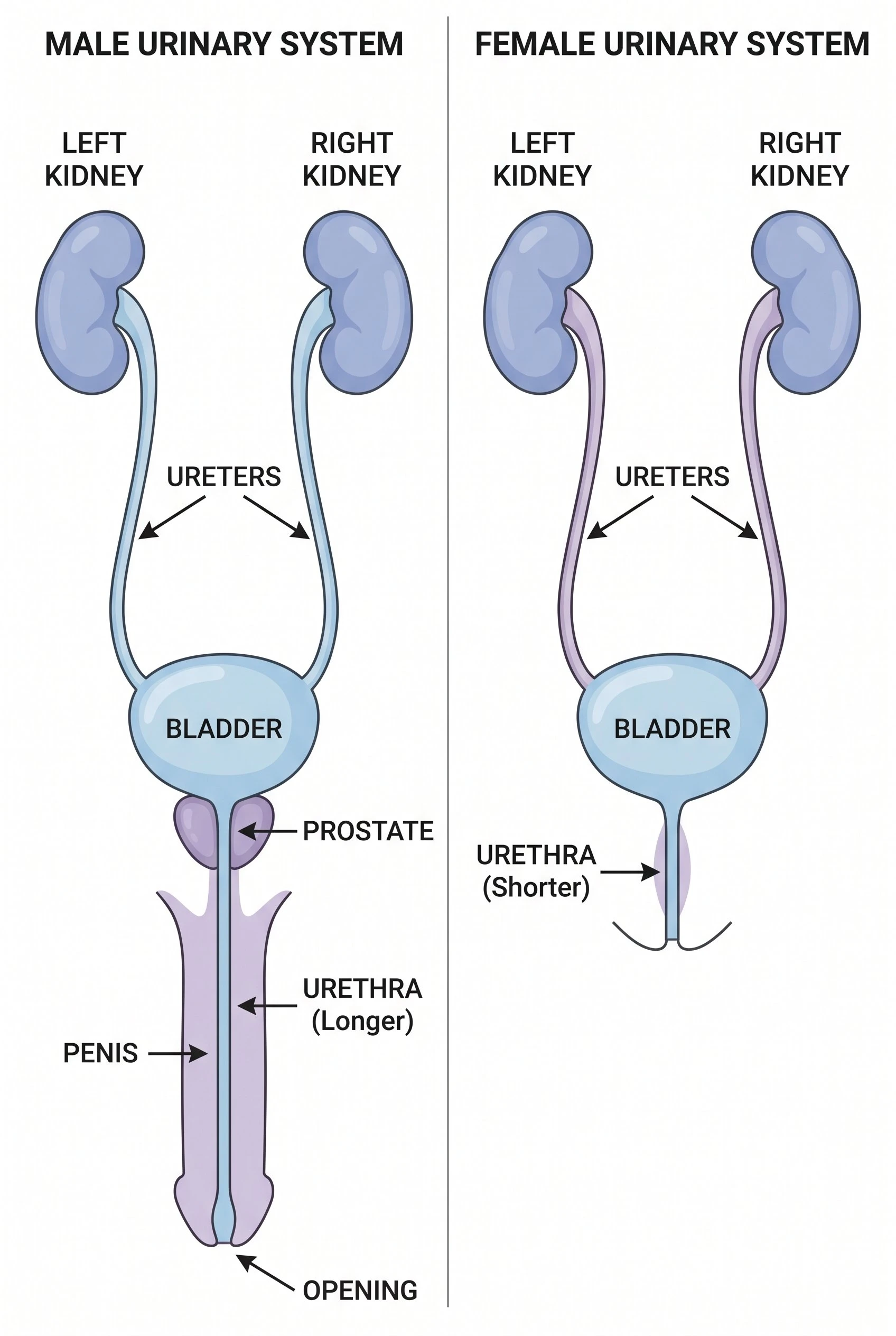 Side-by-side comparison diagram of male and female urinary systems showing shared structures and differences in urethra length and position