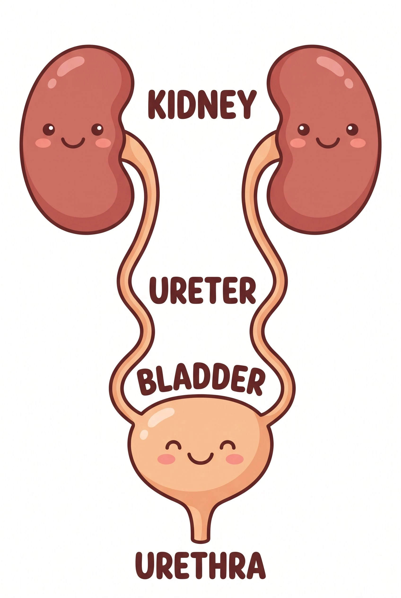 Simple labeled urinary system diagram for elementary school students with cartoon-style kidneys, ureters, bladder, and urethra and large friendly labels