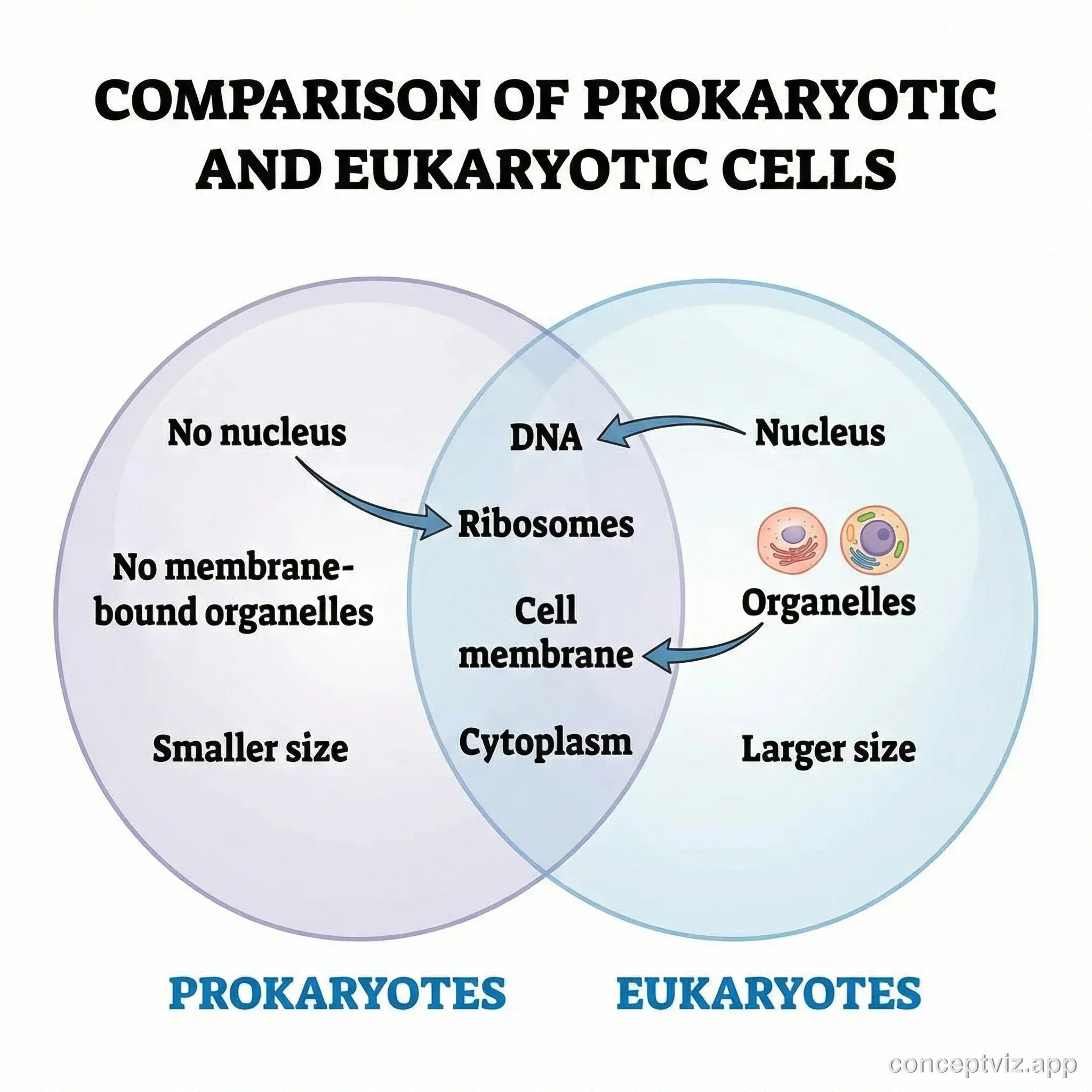 Venn diagram comparing prokaryotic and eukaryotic organisms with shared cellular features in the center.