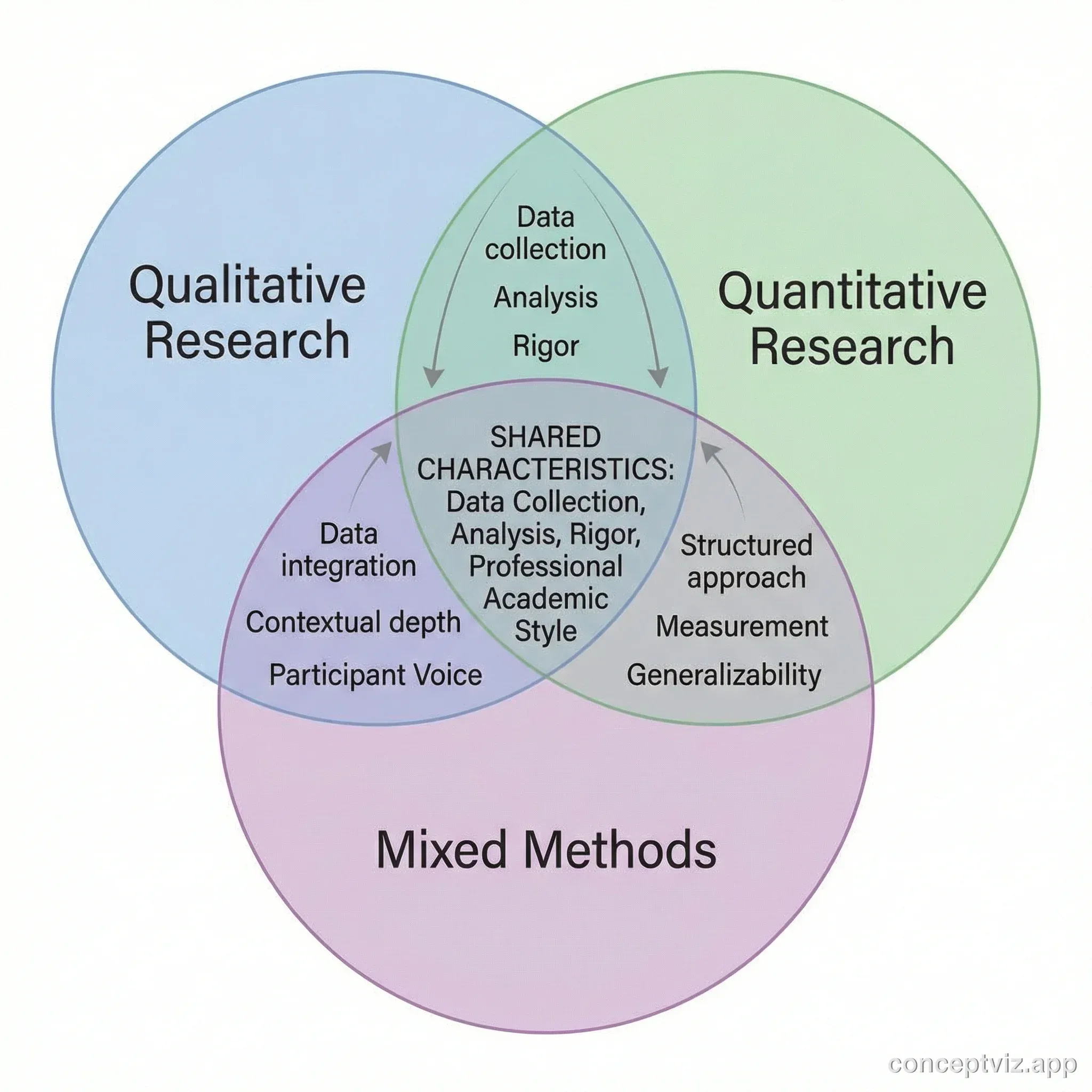 Three-circle Venn diagram showing the overlap between qualitative, quantitative, and mixed methods research.