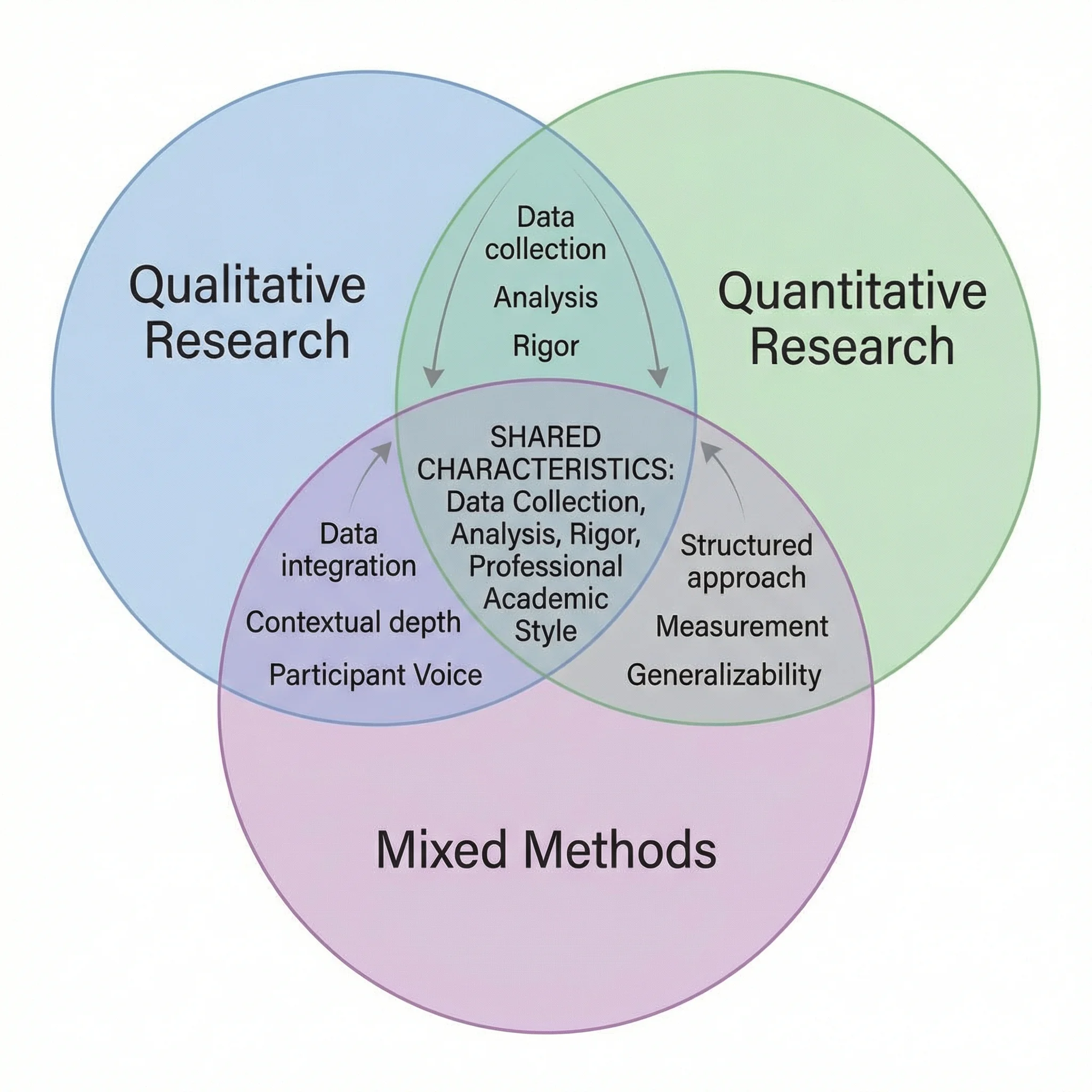 Three-circle Venn diagram showing the overlap between qualitative, quantitative, and mixed methods research.