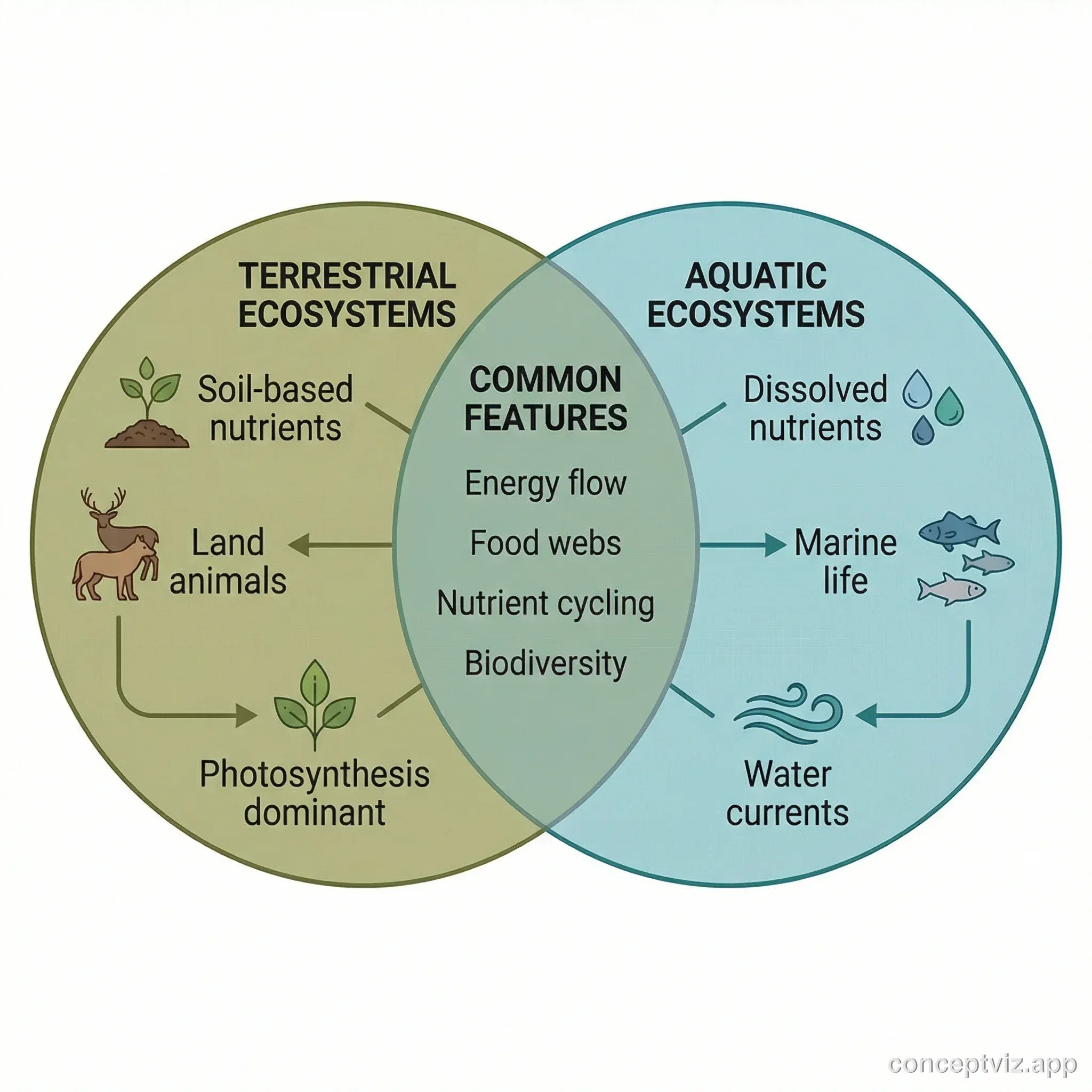Venn diagram comparing terrestrial and aquatic ecosystems with shared ecological processes in the overlap.