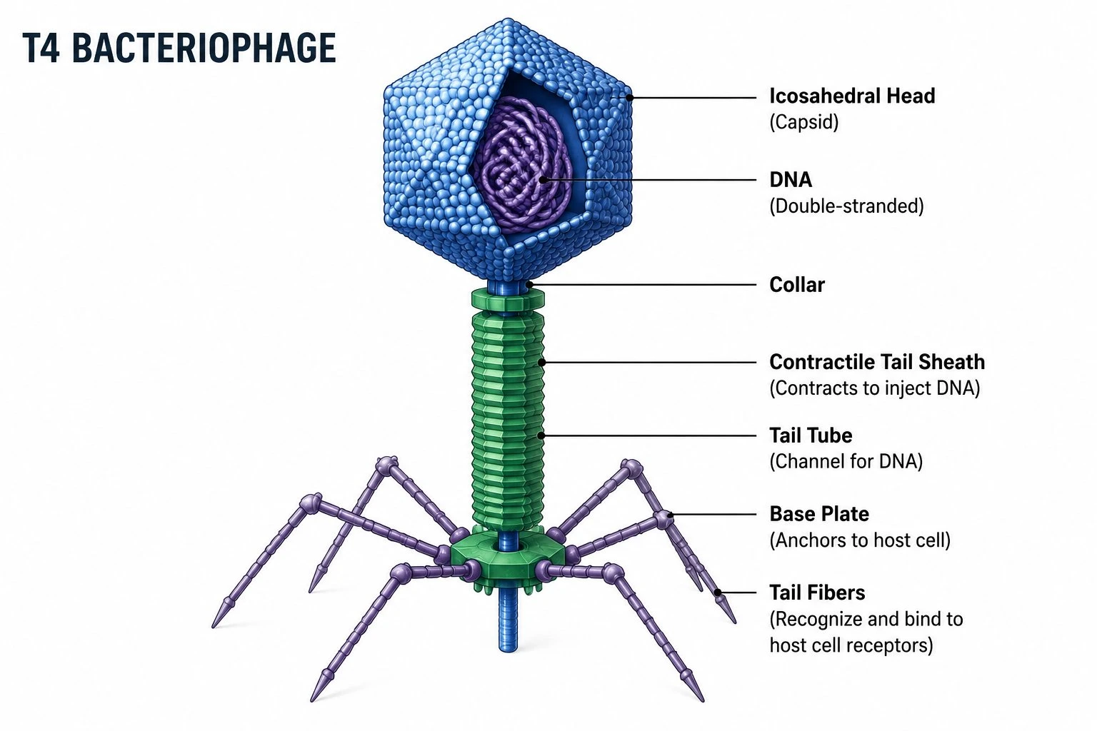 Labeled bacteriophage (T4 phage) diagram showing the icosahedral head, collar, tail sheath, tail tube, base plate, and tail fibers