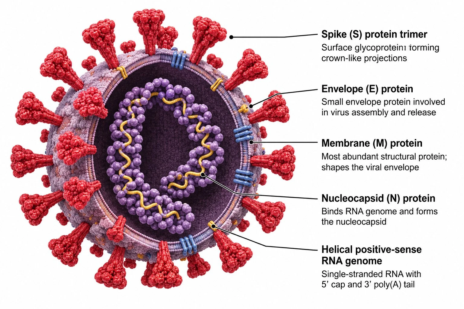 Labeled coronavirus structure diagram showing spike proteins, envelope protein, membrane protein, nucleocapsid protein, and the RNA genome