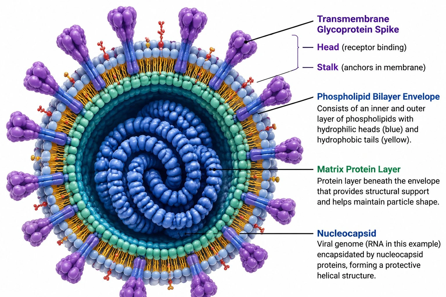 Close-up labeled diagram of an enveloped virus showing the lipid bilayer, glycoprotein spike proteins, matrix protein, and nucleocapsid