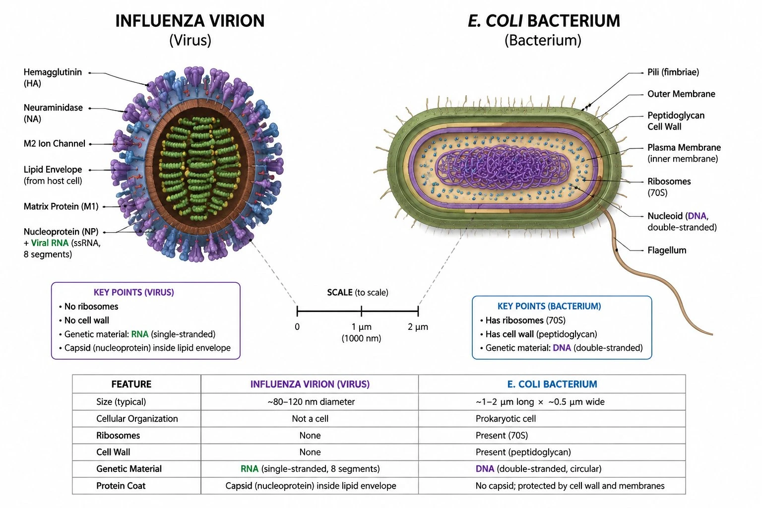 Comparison diagram of a virus (influenza) and a bacterium (E. coli) drawn to scale, showing size difference and key structural differences