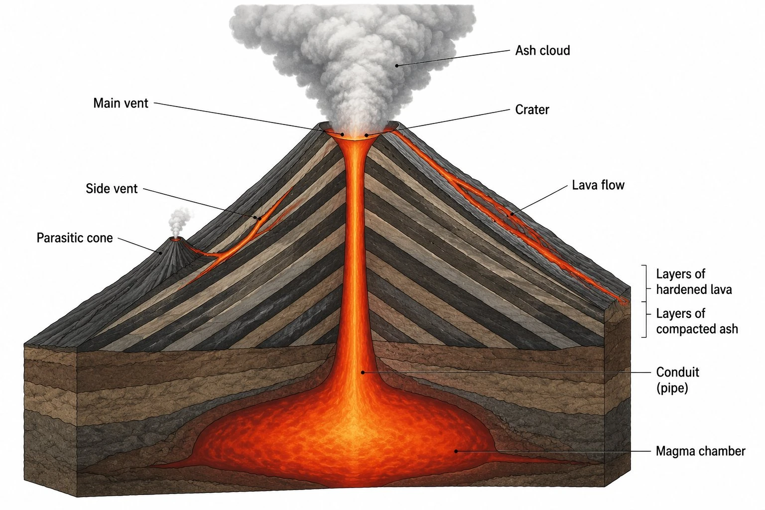 Labeled cross-section of a composite volcano showing the magma chamber, conduit, vent, crater, lava flows, ash cloud, side vent, and internal layers of lava and ash
