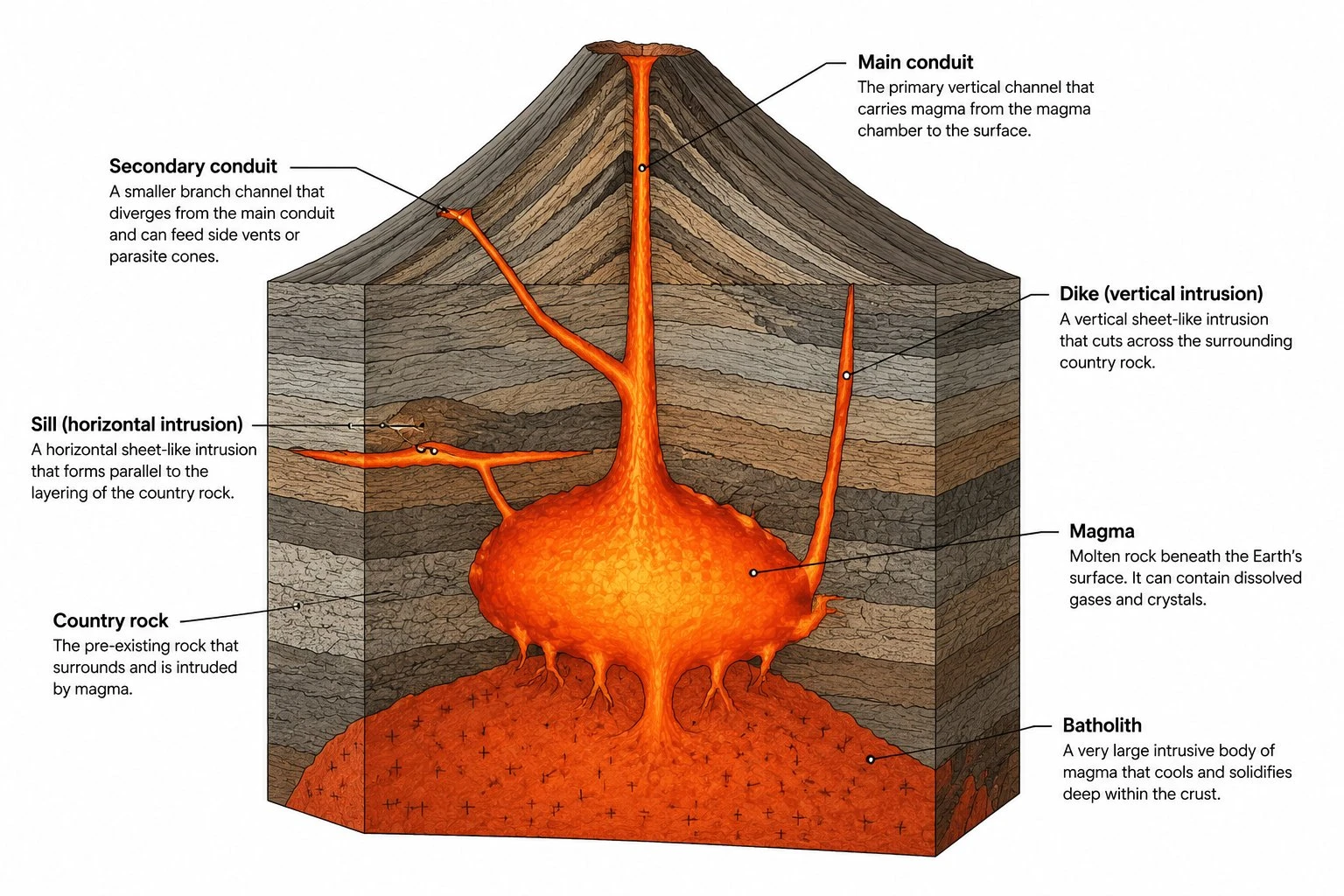 Detailed cross-section of the interior of a volcano showing the magma chamber, conduit, dikes, sills, and secondary conduit labeled