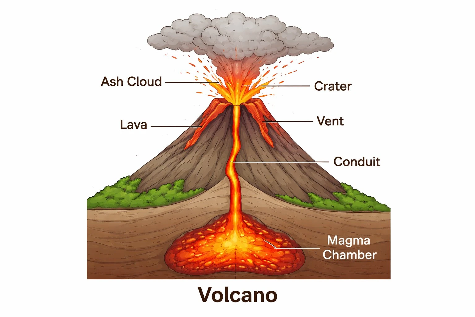 A simplified volcano diagram for younger students with the magma chamber, conduit, vent, crater, lava, and ash cloud labeled