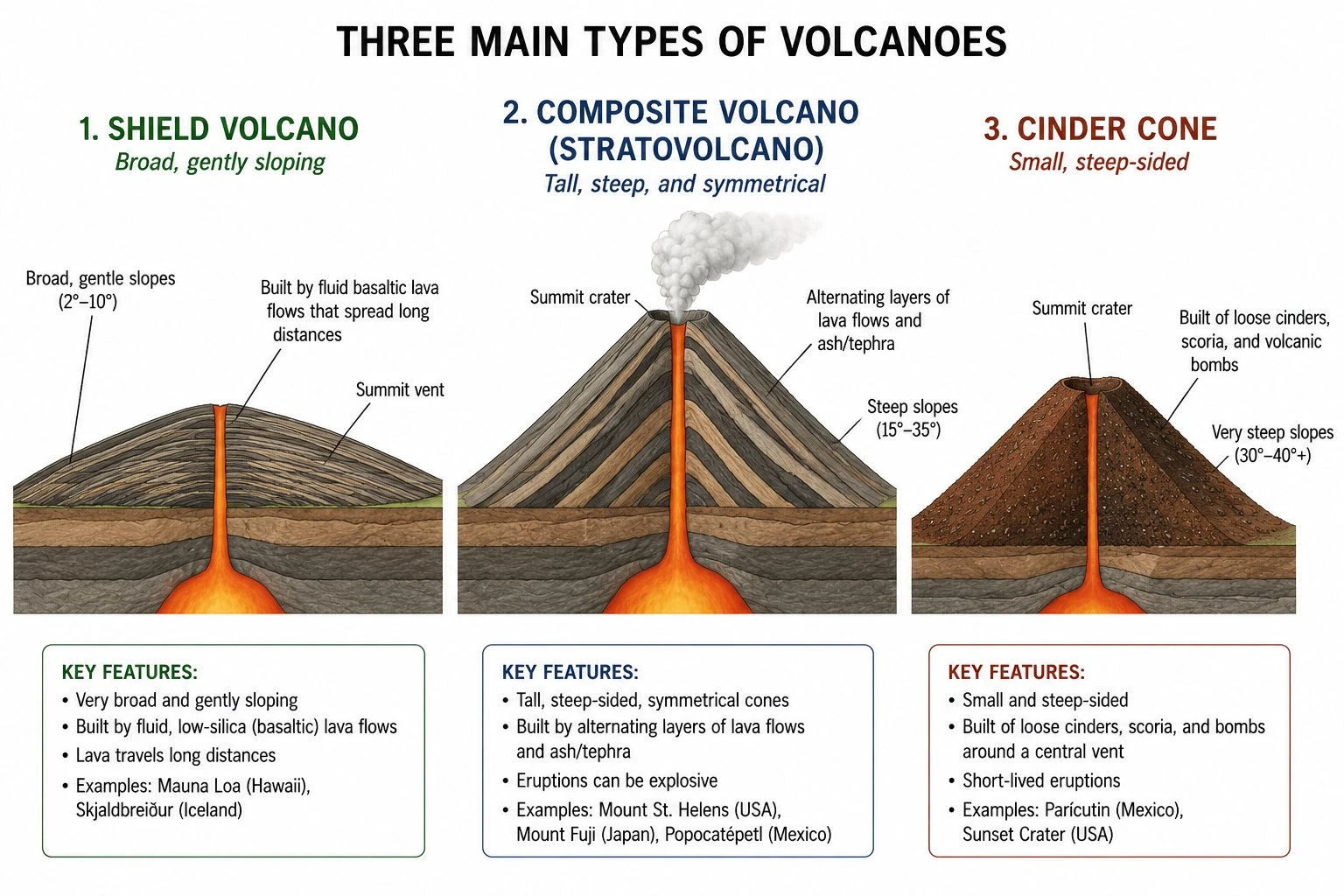 Comparison diagram showing the three main volcano types: a broad flat shield volcano, a steep composite stratovolcano, and a small cinder cone, each labeled