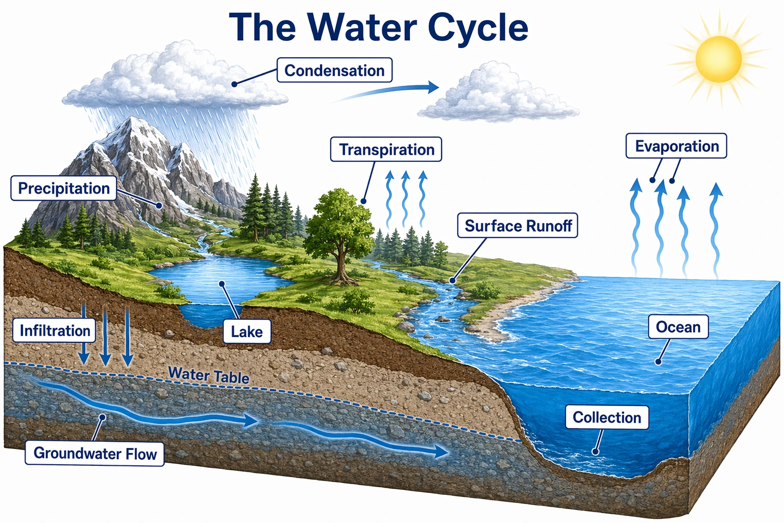 Detailed cross-section water cycle diagram adding transpiration, surface runoff, infiltration, the water table, groundwater flow, and the ocean