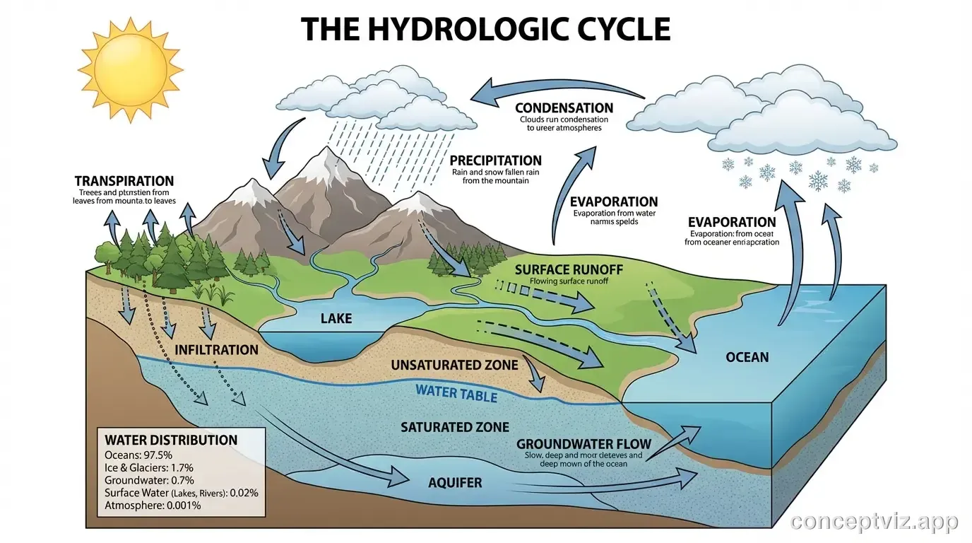 Detailed scientific water cycle diagram for high school students. Shows advanced concepts including transpiration from plants, surface runoff vs groundwater infiltration, aquifer layers, water table, and atmospheric water vapor percentages. Includes arrows showing both fast surface processes and slow groundwater movement. Cross-section view revealing underground water storage. Technical labels with scientific terminology. Realistic illustration style.