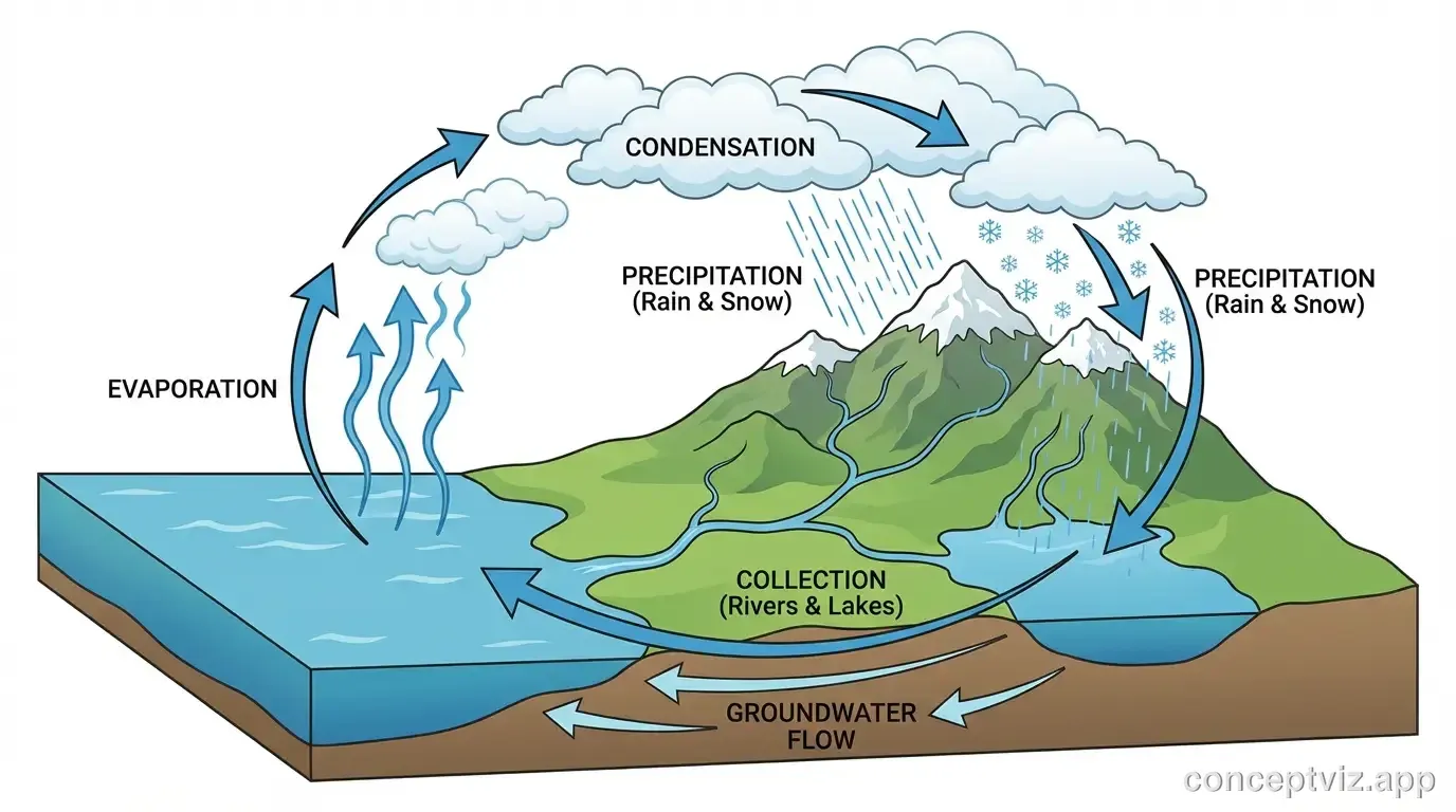 Educational water cycle diagram showing the complete hydrological cycle. Blue arrows indicate water movement: evaporation rising from the ocean surface, water vapor forming clouds through condensation, precipitation falling as rain over mountains and land, collection in rivers and lakes, and groundwater seepage. Each stage is clearly labeled with large text. Landscape includes ocean on the left, mountains in the center, and a lake with river on the right. Bright colors with blue sky background.