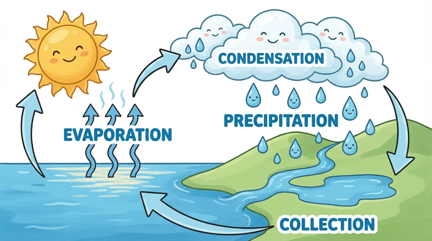 Simple cartoon-style water cycle diagram for elementary students. A friendly sun with a smiling face heats the blue ocean, causing water droplets to rise (evaporation). Puffy white clouds form in the sky (condensation). Rain drops fall from clouds onto green hills (precipitation). A small river flows back to the ocean (collection). Only 4 main stages shown with large, easy-to-read labels. Bright cheerful colors.