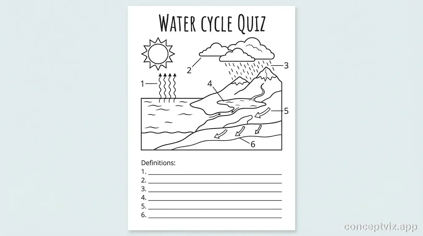 Black and white water cycle worksheet without labels for student quizzes. The diagram shows the same hydrological cycle with blank lines pointing to each stage: evaporation, condensation, precipitation, collection, and runoff. Numbers 1-6 mark each process for students to identify. Clean line art style suitable for printing. Includes space at the bottom for students to write definitions.