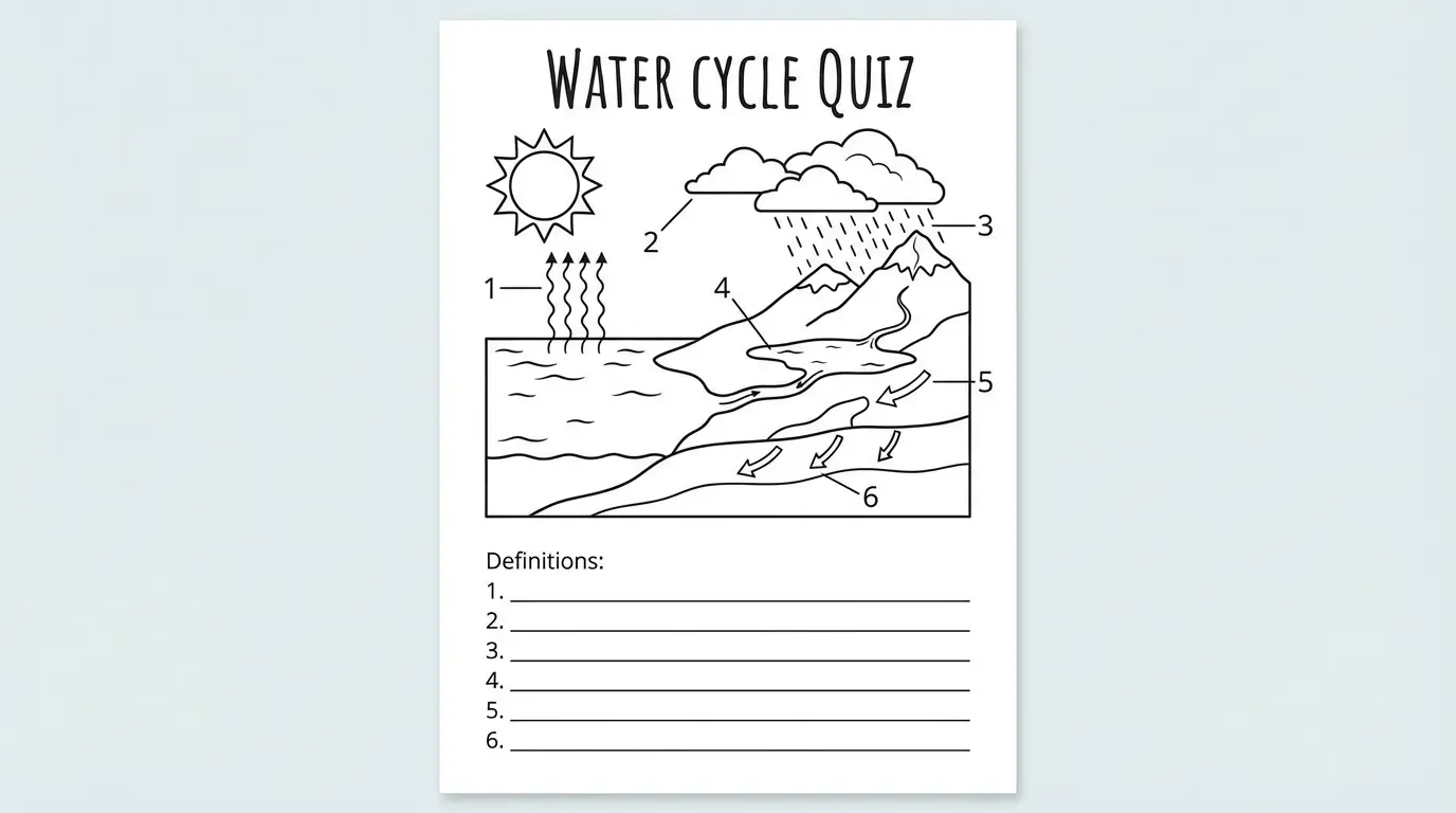 Black and white water cycle worksheet without labels for student quizzes. The diagram shows the same hydrological cycle with blank lines pointing to each stage: evaporation, condensation, precipitation, collection, and runoff. Numbers 1-6 mark each process for students to identify. Clean line art style suitable for printing. Includes space at the bottom for students to write definitions.