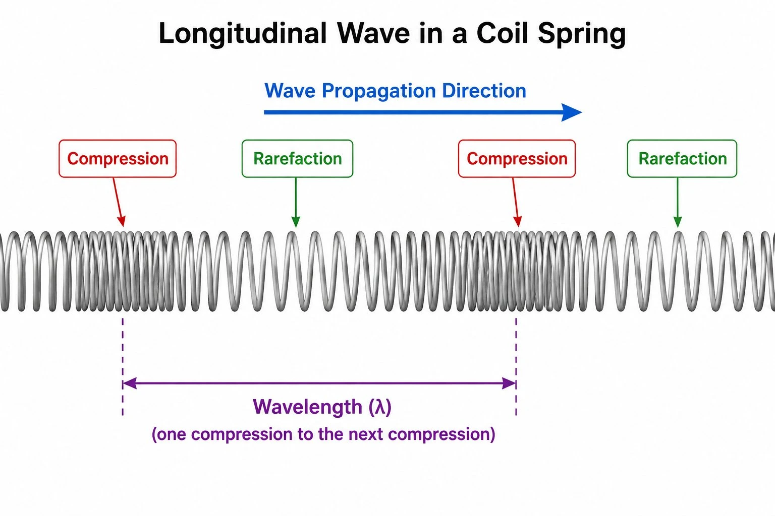 Longitudinal wave diagram showing compression zones and rarefaction zones on a spring with wavelength labeled
