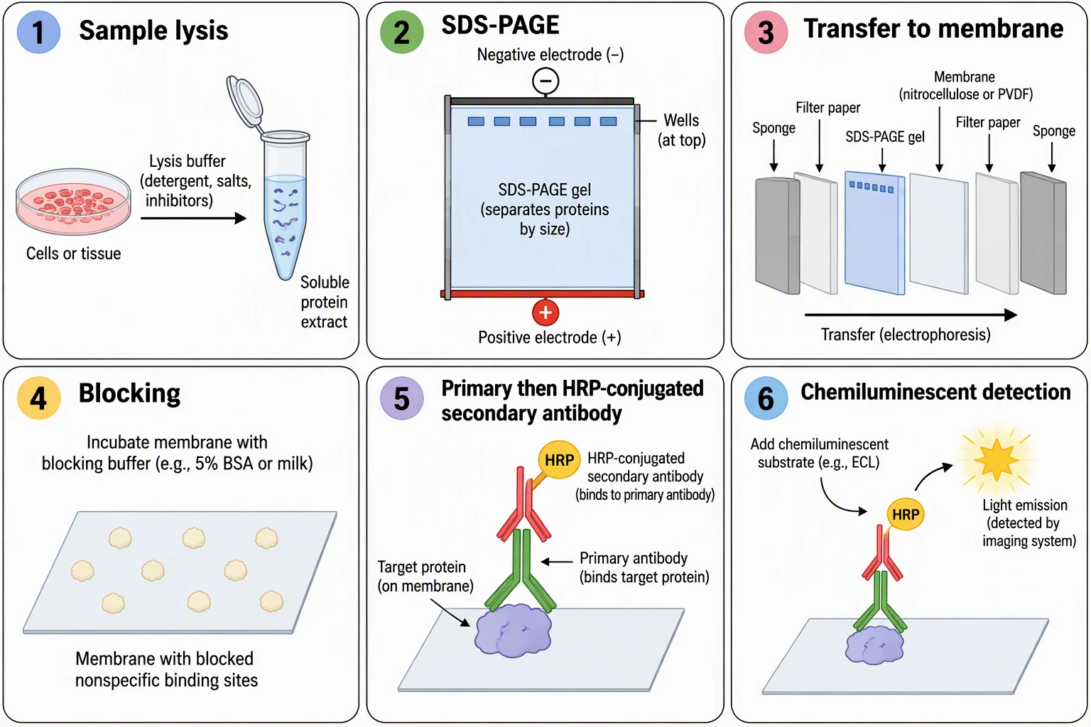 AI-generated western blot workflow schematic with six numbered boxes