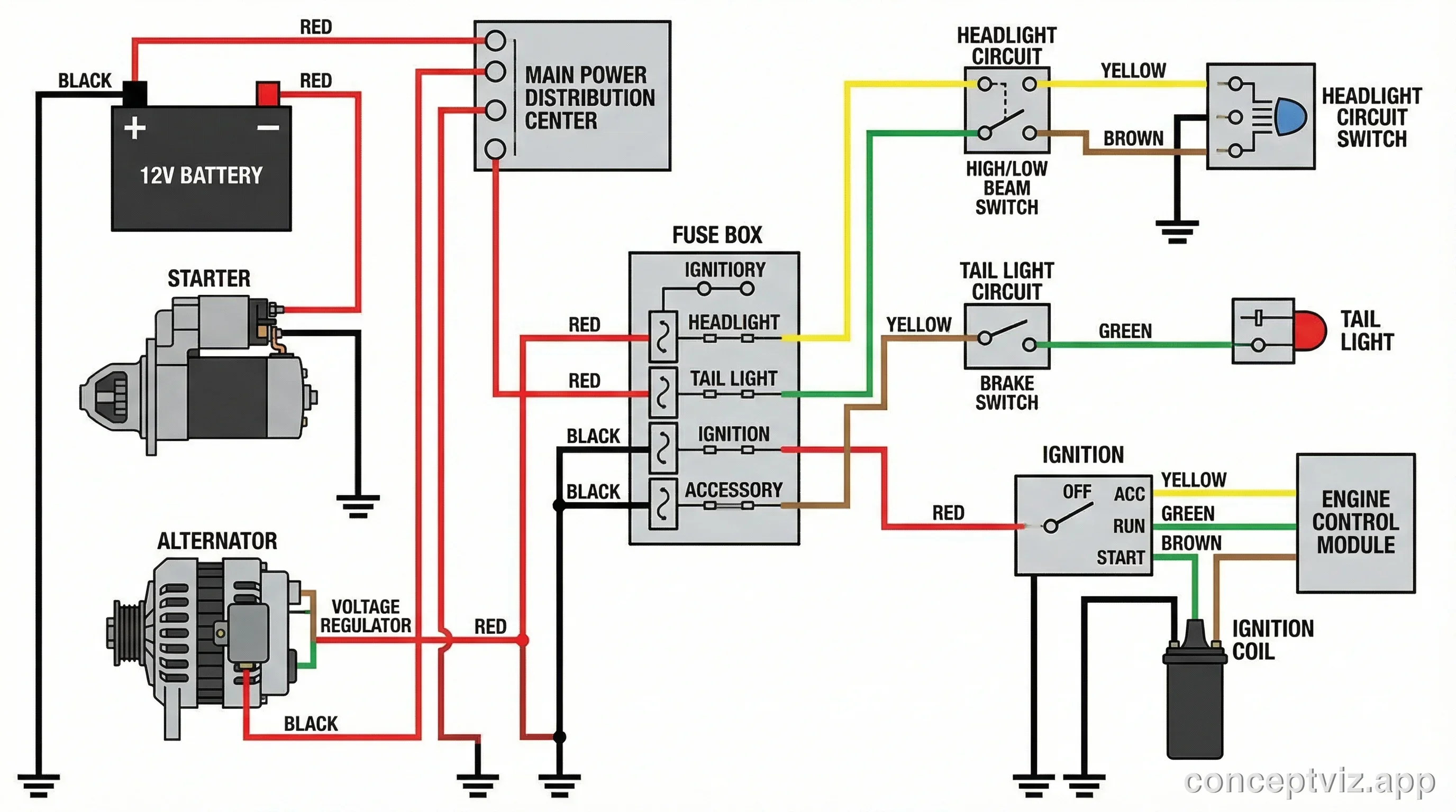 Car electrical system wiring diagram showing battery, alternator, starter motor, fuse box, lighting circuit, and ignition system.