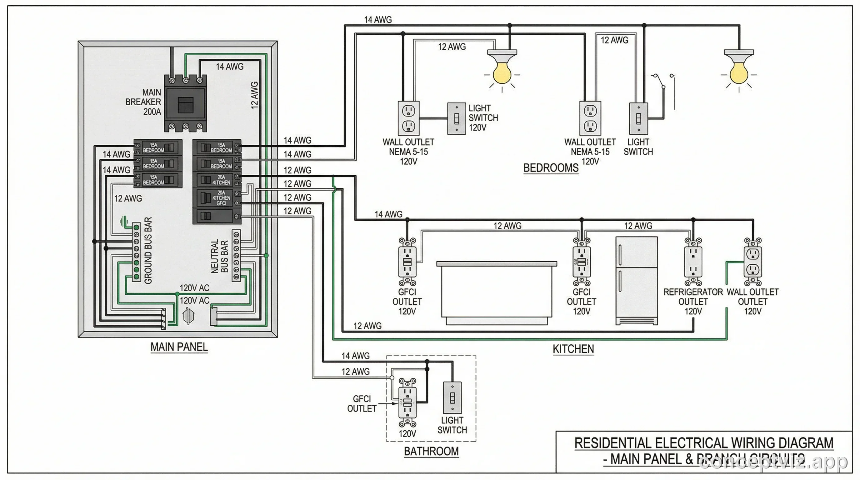Residential home electrical wiring diagram showing main panel, circuit breakers, outlets, switches, and ground connections.