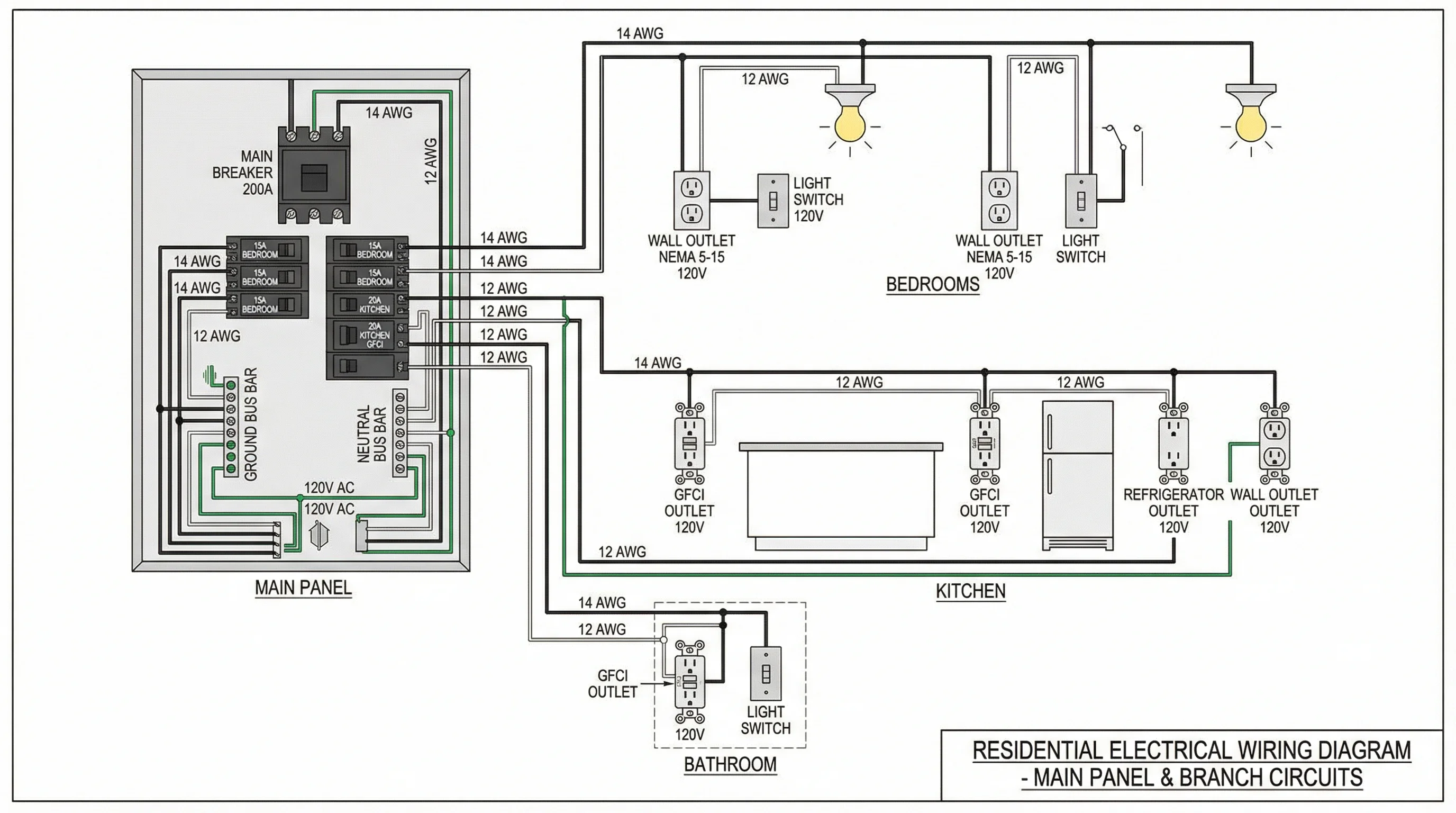 Residential home electrical wiring diagram showing main panel, circuit breakers, outlets, switches, and ground connections.