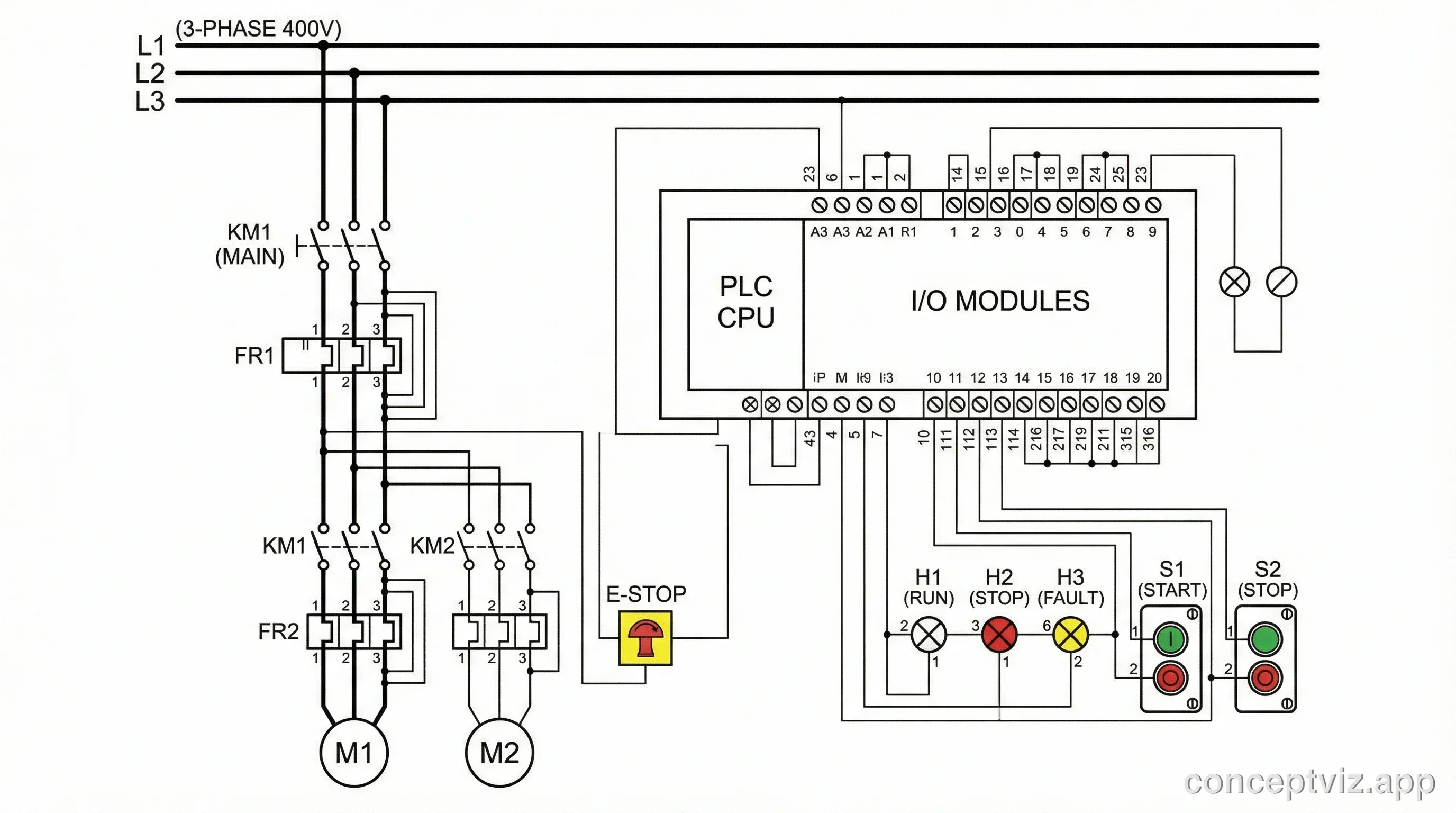 Industrial control panel wiring diagram with PLC, contactors, motor starters, relays, and safety circuits.