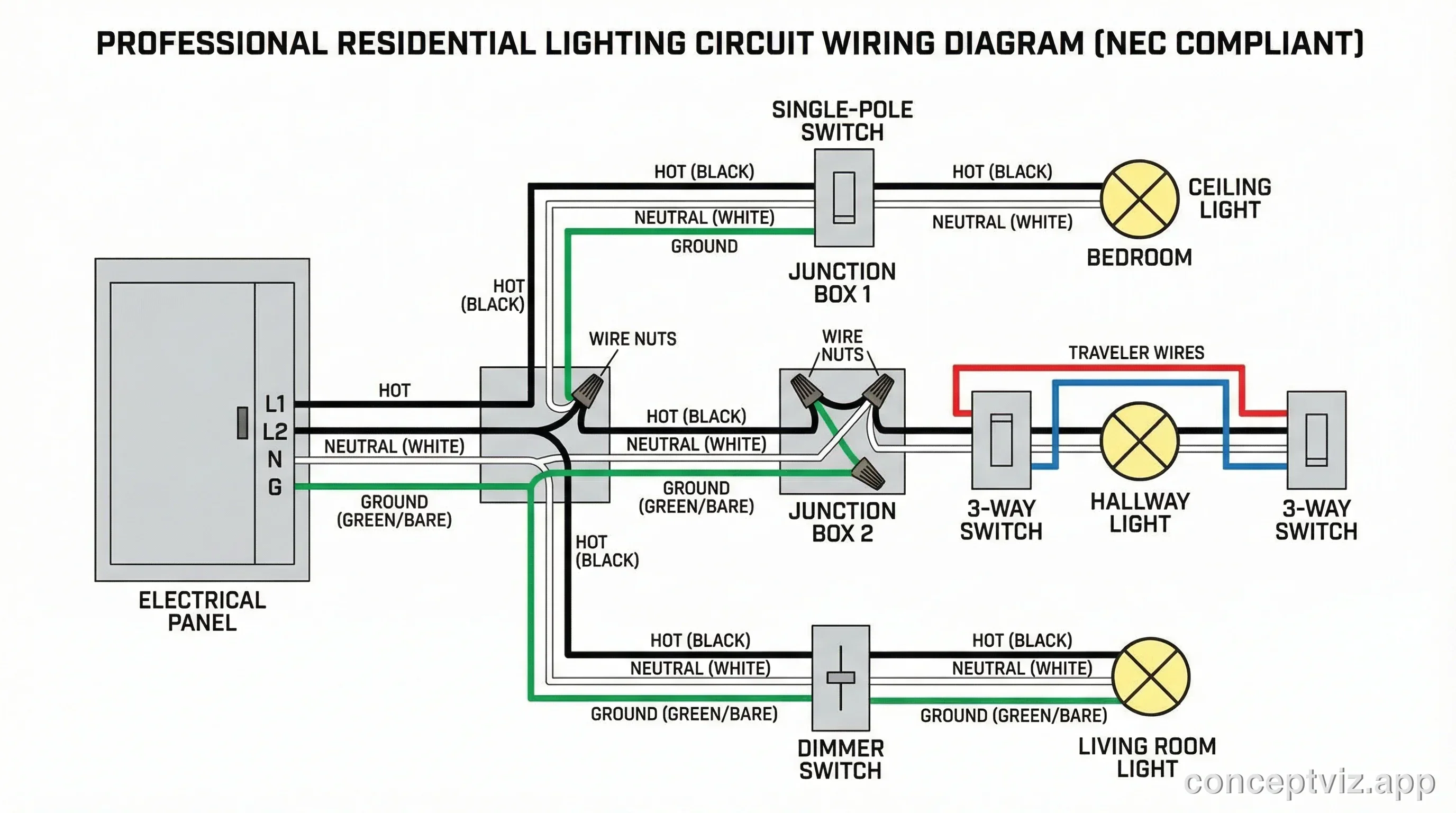 Residential lighting circuit wiring diagram with switches (single-pole, 3-way), light fixtures, dimmer, and junction box.
