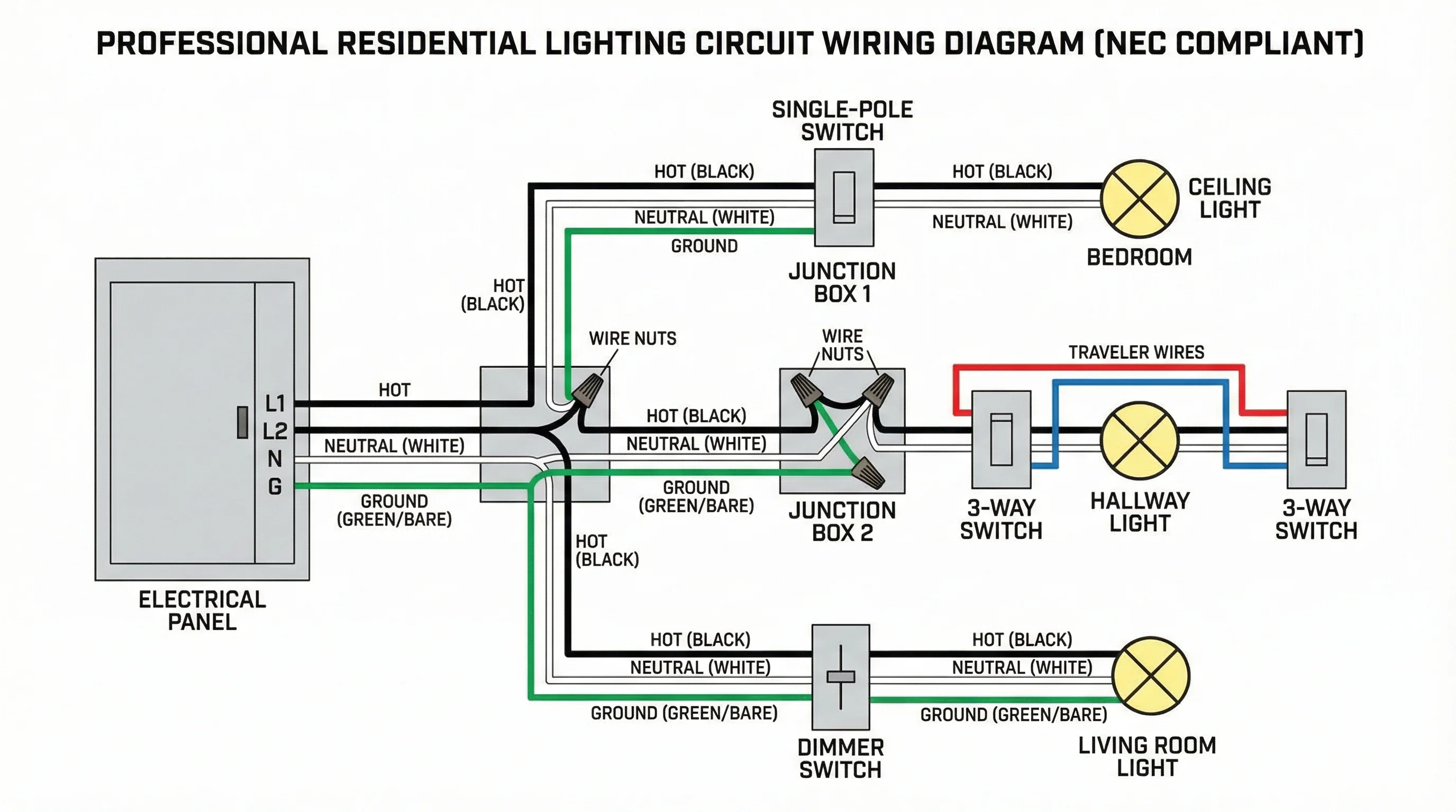 Residential lighting circuit wiring diagram with switches (single-pole, 3-way), light fixtures, dimmer, and junction box.